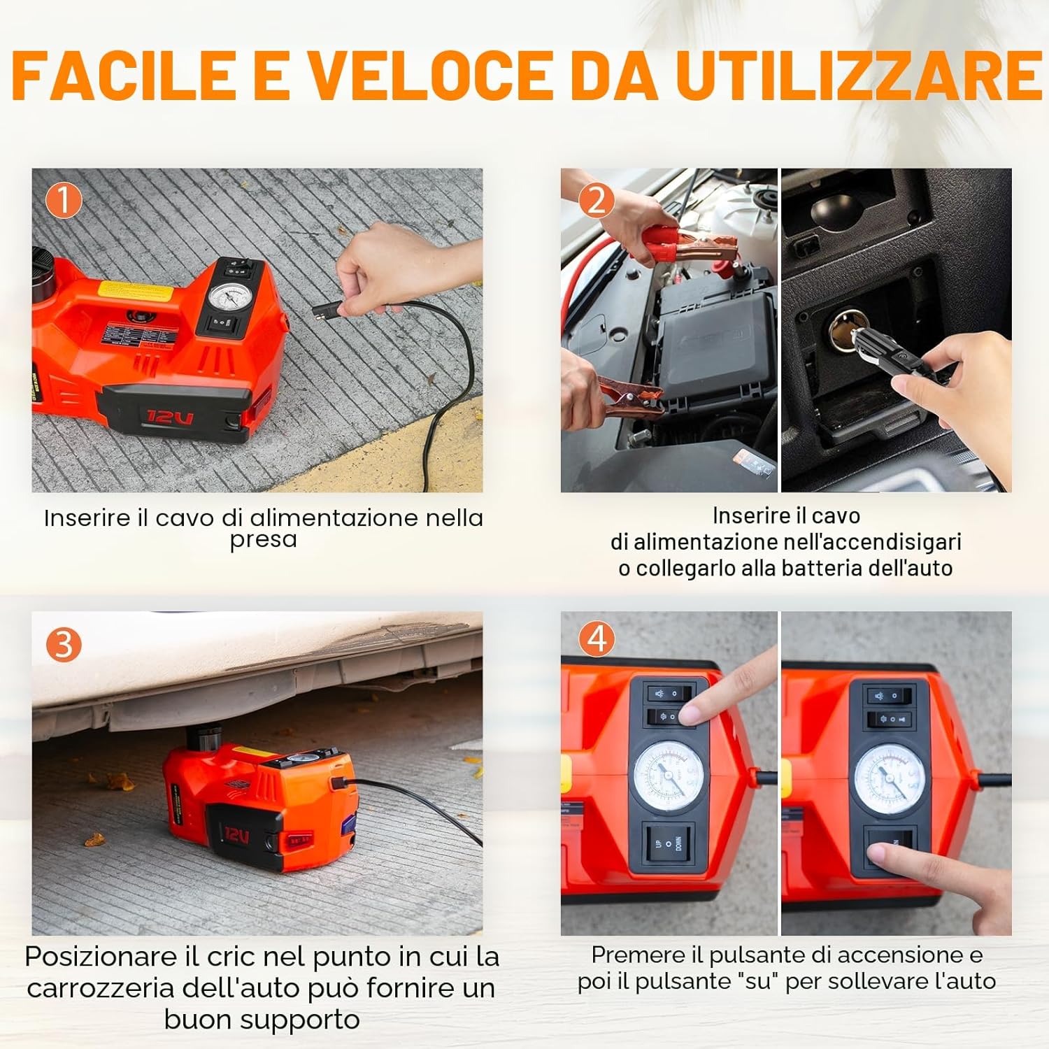 Detalle de Auto Cric idraulico 5T 12V: kit 4 in 1 con pompa e luci LED per emergenze