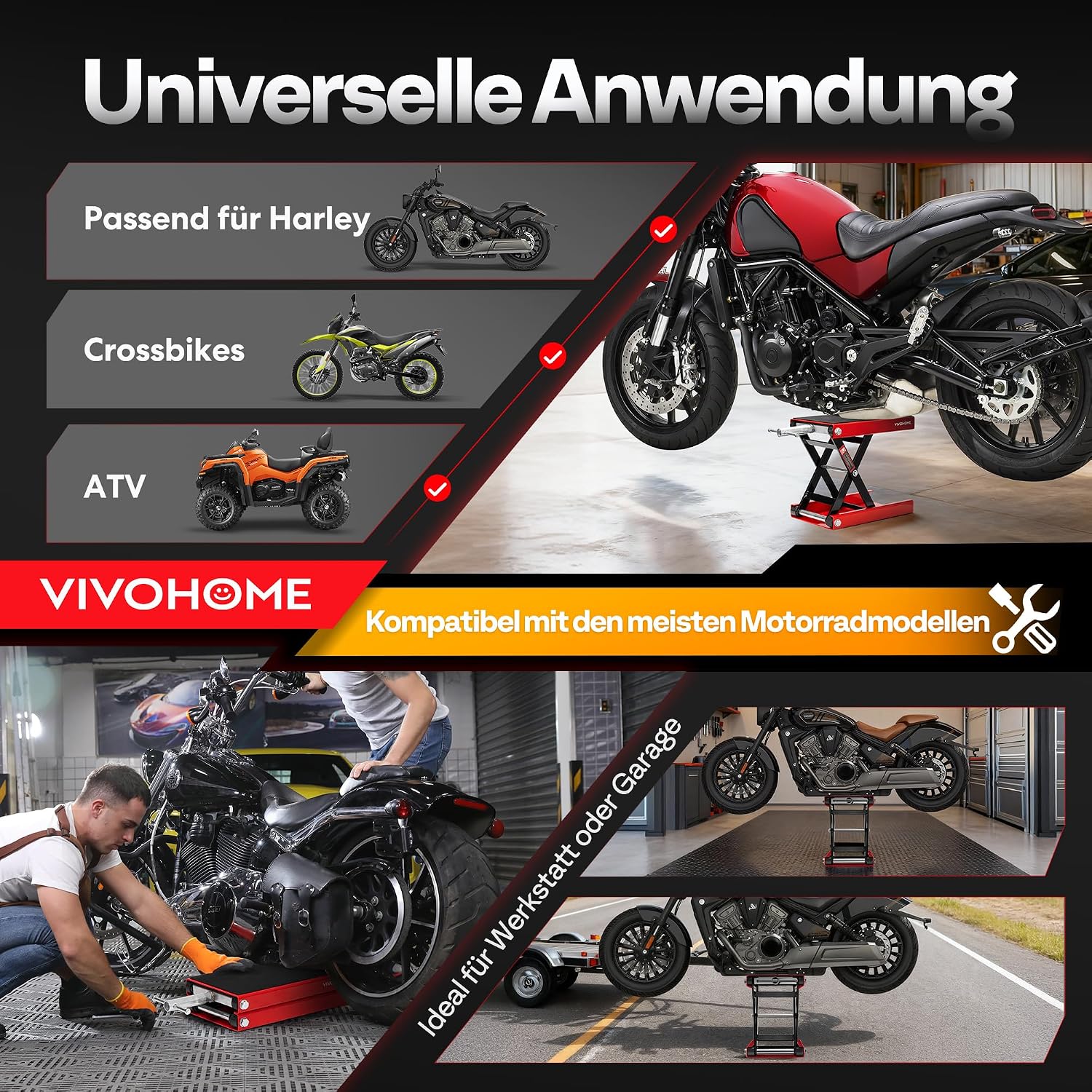 Thumbnail 4 de VIVOHOME Motorradhebebühne 500 kg Scherenwagenheber aus Stahl – mit breitem Deck und Kurbel