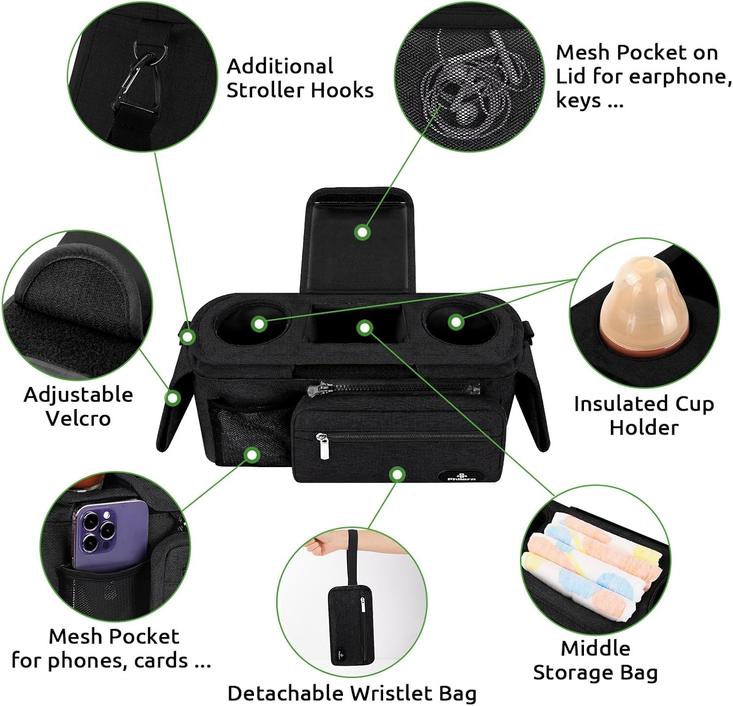 Thumbnail 2 de Philorn Baby Pram Bag with Insulated Cup Holders – Universal Stroller Organiser