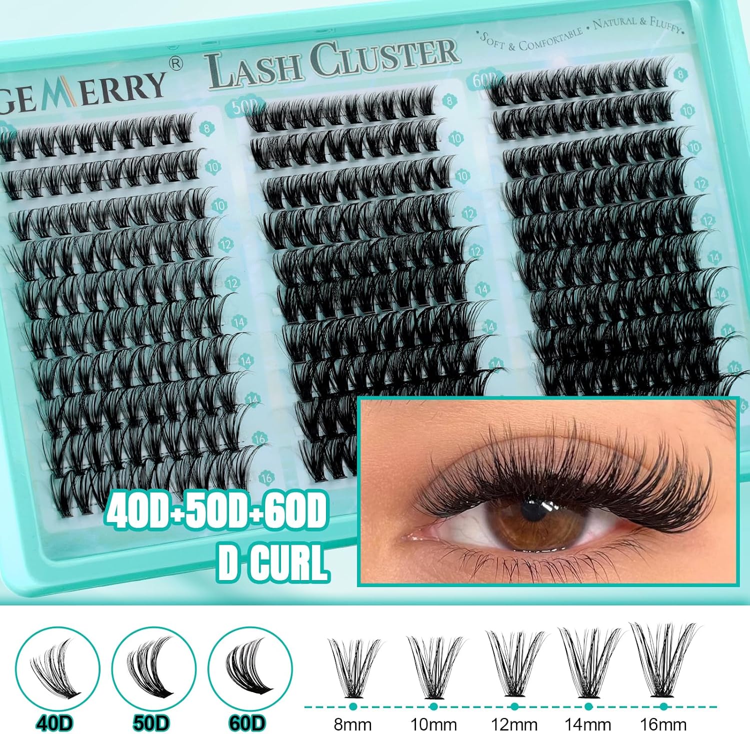 Detalle de GEMERRY Ciglia Finte Ciuffetti Kit wimperclusterkit 40D+50D+60D, 8-16 mm