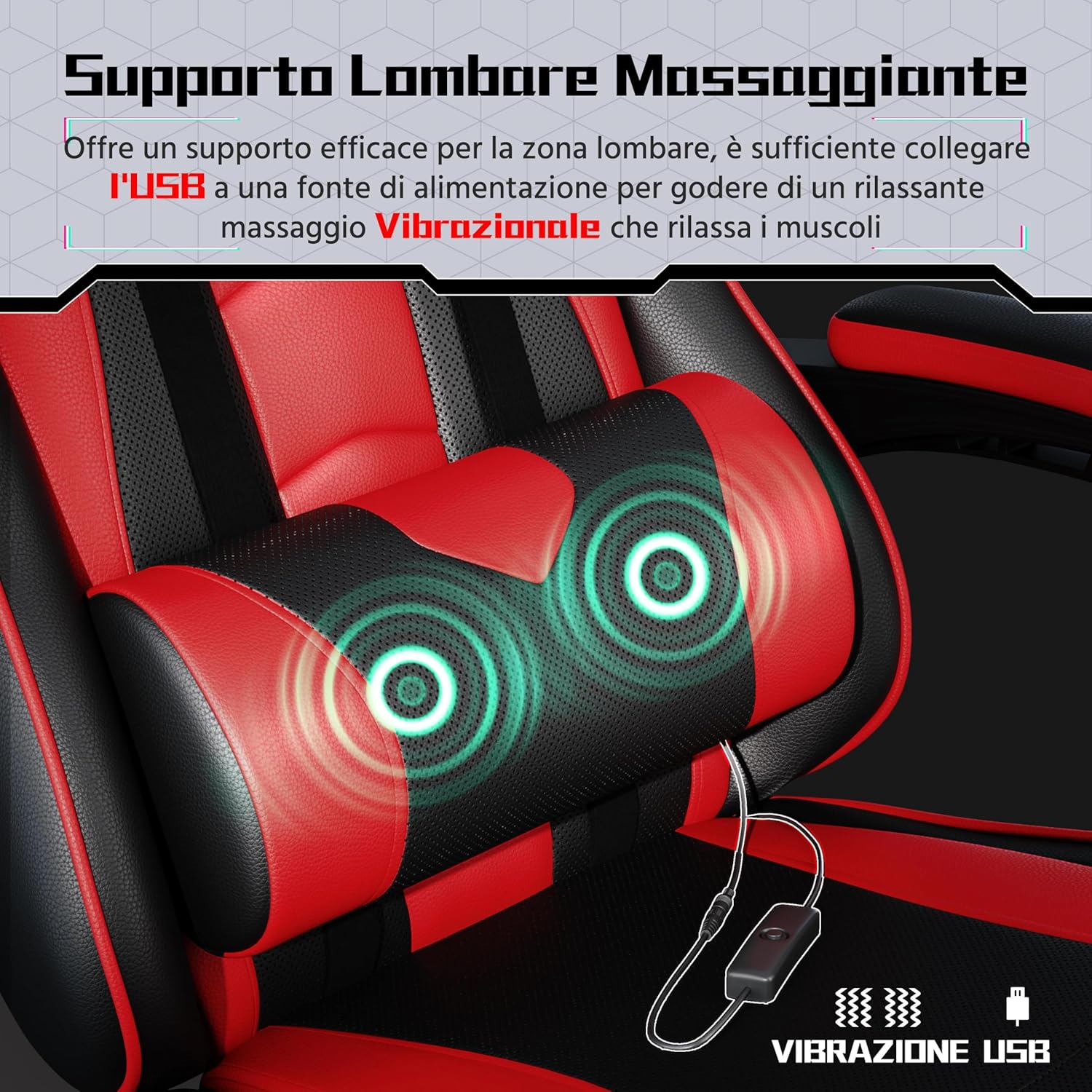 Thumbnail 4 de Yaheetech Sedia Gaming Ergonomica Massaggiante Rosso