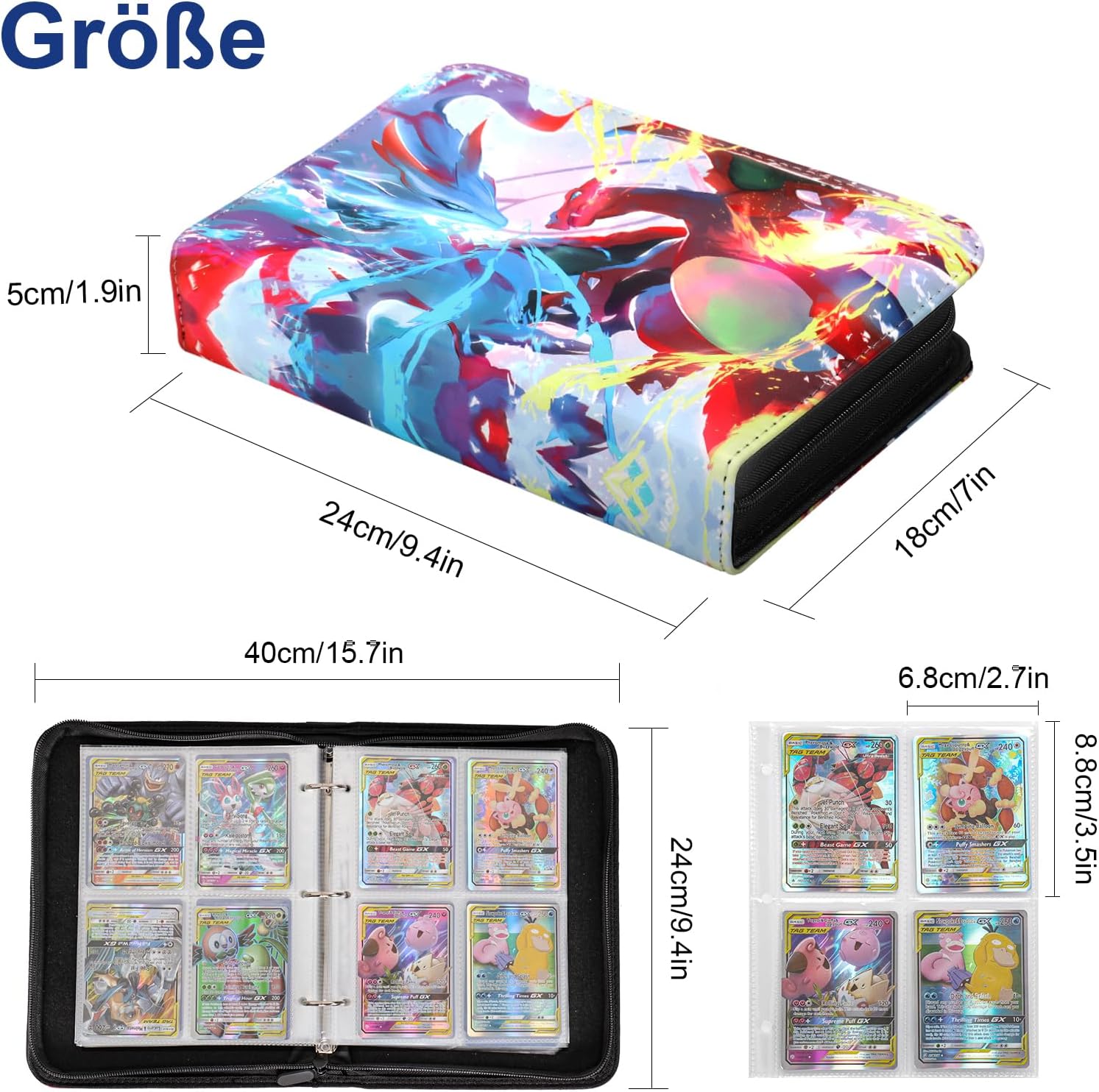 Thumbnail 1 de Sammelalbum für Pokémon Karten – 50 Seiten mit 400 Taschen, wasserdichtes PU Kartenheft mit Reißverschluss