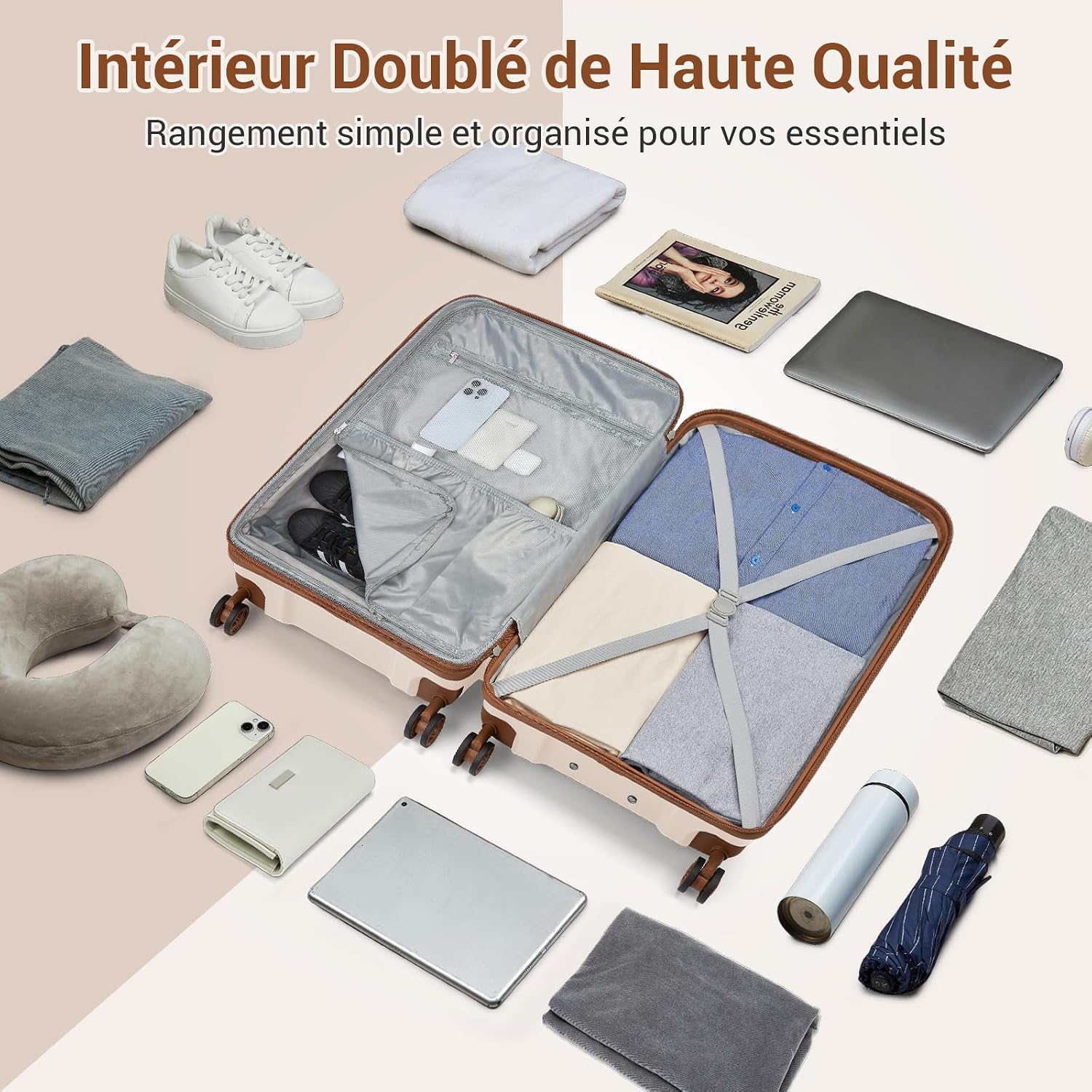 Thumbnail 6 de Kono valise cabine extensible rigide en polypropylène avec 4 roulettes et serrure TSA (crème/marron)