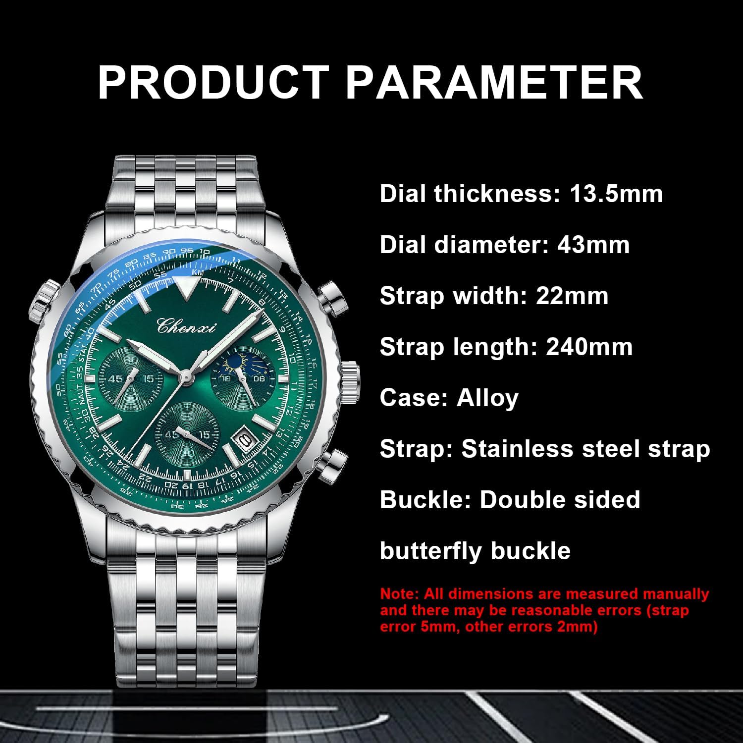 Detalle de Tiong Herren Business Chronograph – Edelstahl & Lederarmband mit Mondphase, Sechshänder, wasserdicht und Leuchtziffern