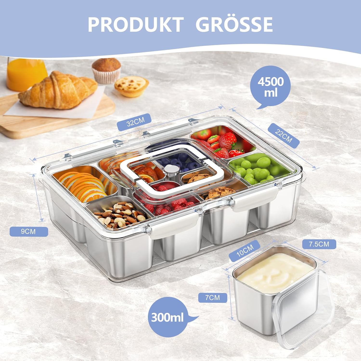 Detalle de JINDUN Snackbox mit 8 Edelstahl Fächern – hygienische Aufbewahrung mit 8 Deckeln