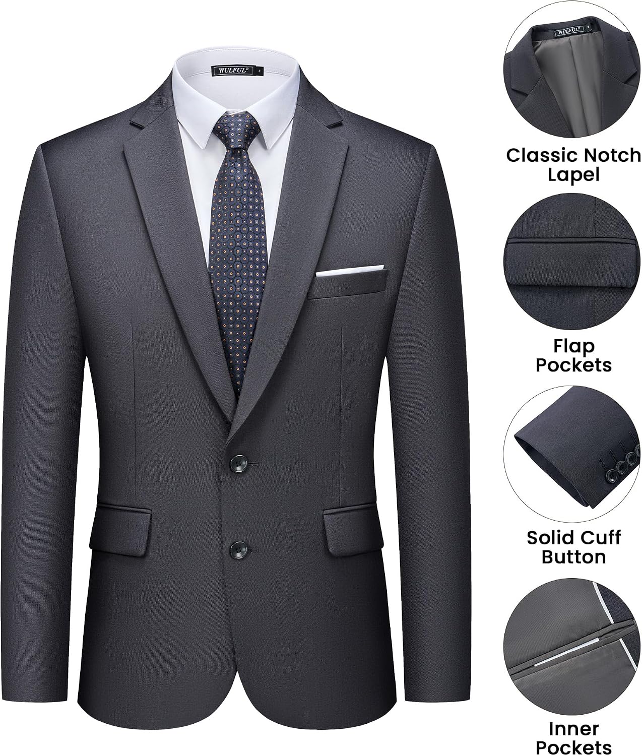 Detalle 2 de WULFUL Men's Slim-Fit 2-Piece Suit with Two-Button Blazer and Stretch Fabric