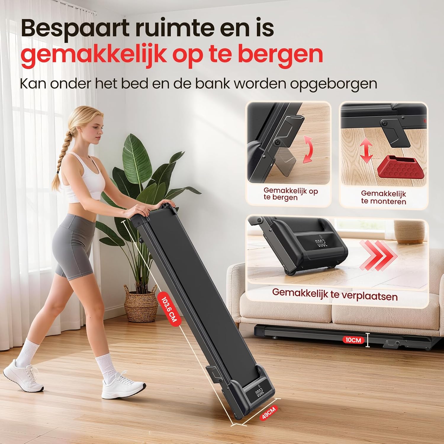 Detalle de HOMEFITNESSCODE Y2 loopband voor thuis met 8% helling en LED-display
