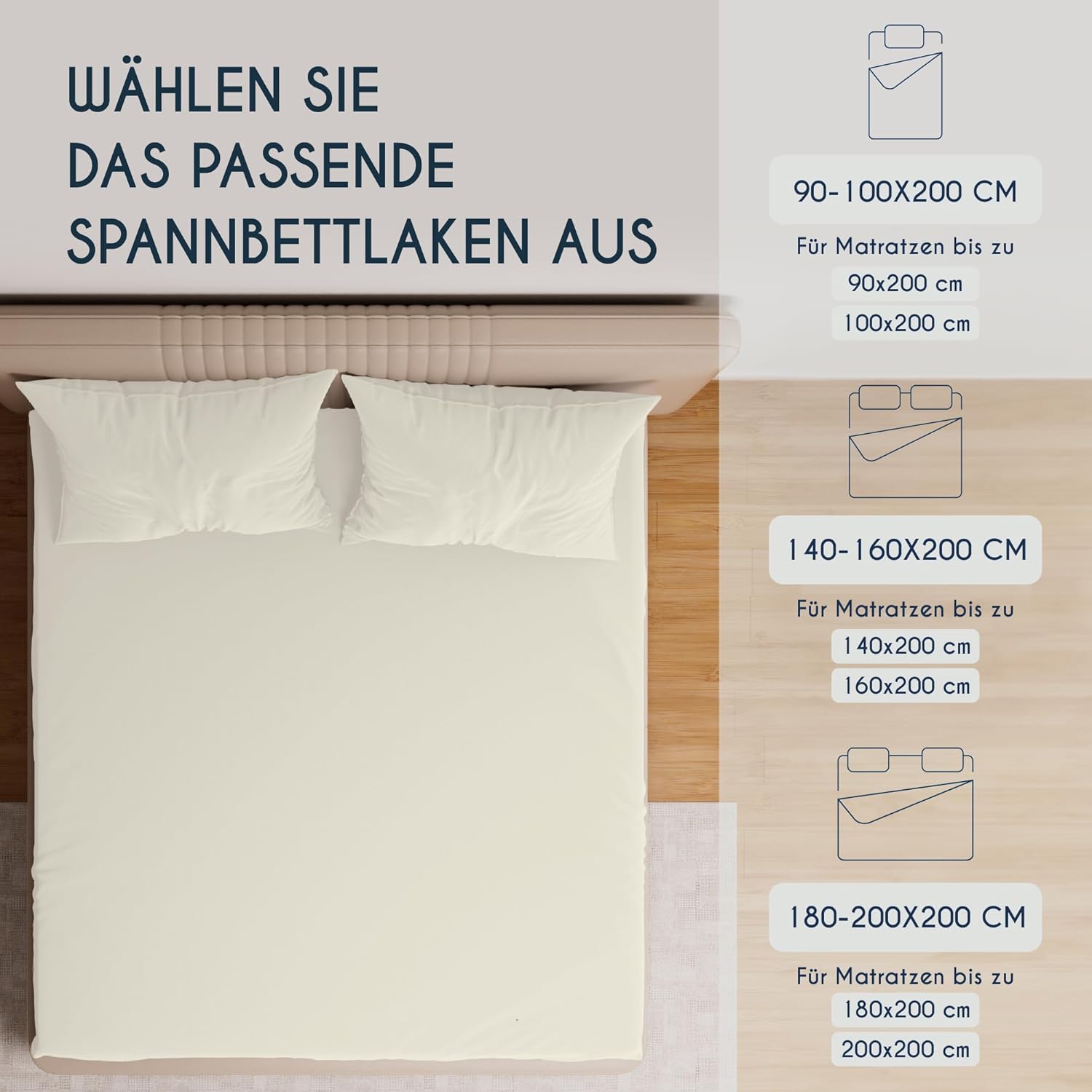 Detalle 2 de Dreamzie Premium Spannbettlaken 180x200 cm / 200x200 cm – Jersey Baumwolle, OEKO-TEX, 37 cm Randhöhe, Beige