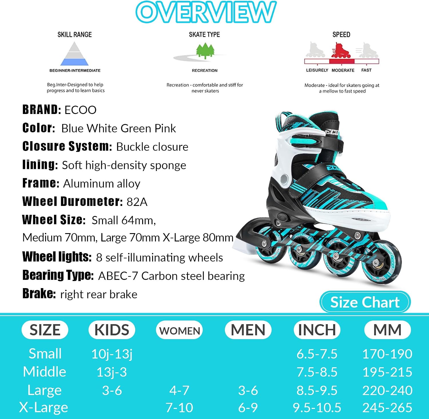 Detalle 2 de ECOO Adjustable Inline Skates for Kids, Cyan, with 8 Light-Up Wheels