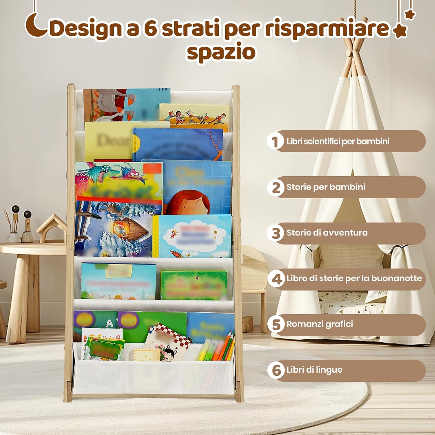 Thumbnail 4 de COSYLAND Libreria Montessori per Bambini con 6 Ripiani in Tessuto Oxford – Libreria in Legno Naturale