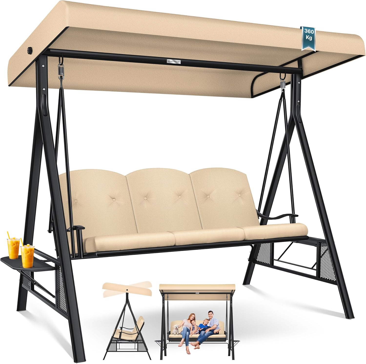 KESSER® Hollywoodschaukel mit Sonnendach 3-Sitzer – wetterfest, komfortabel und vielseitig