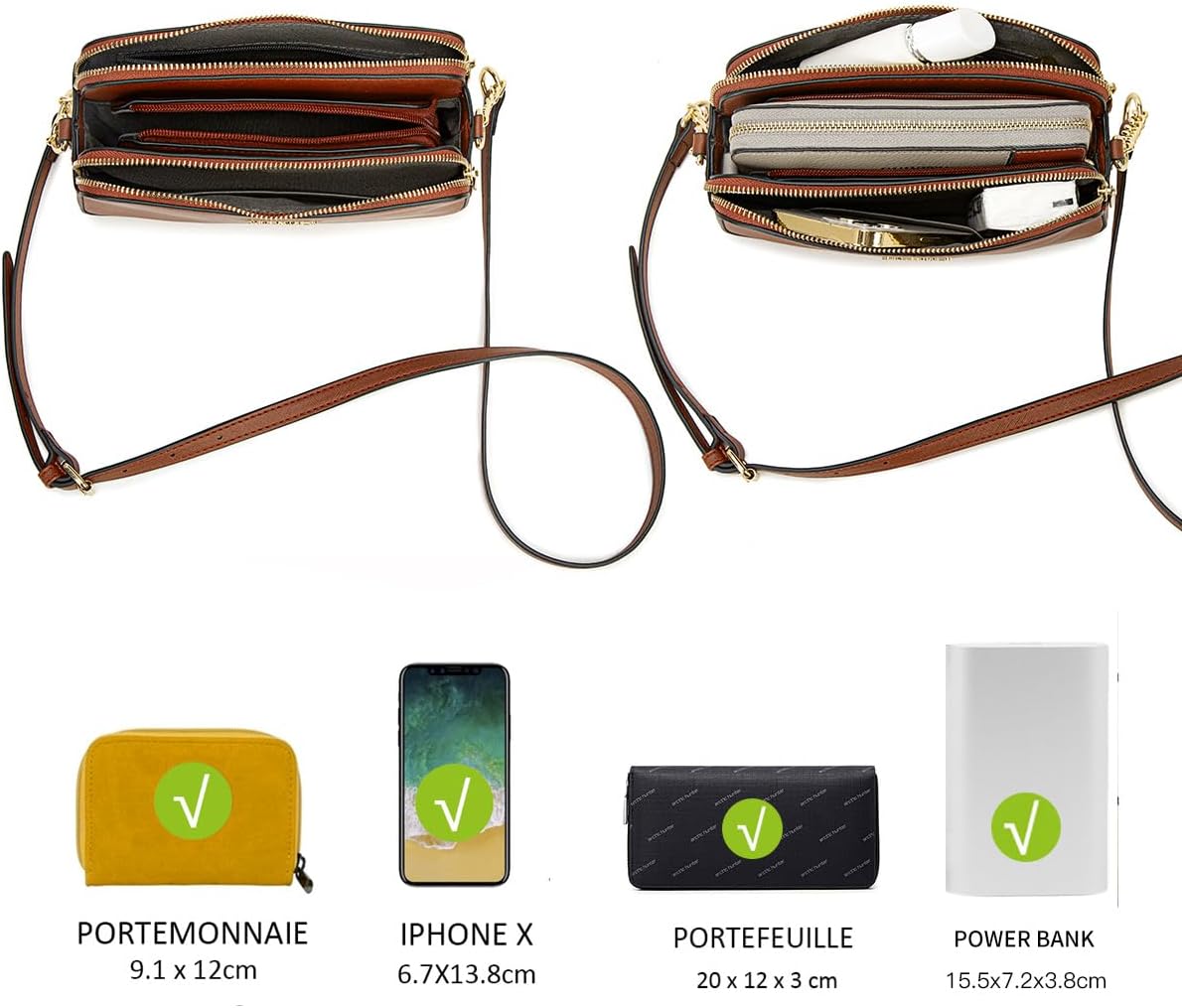 Thumbnail 5 de Petit sac bandoulière David Jones en cuir PU rigide marron cognac – pochette téléphone à chaînes, 3 compartiments