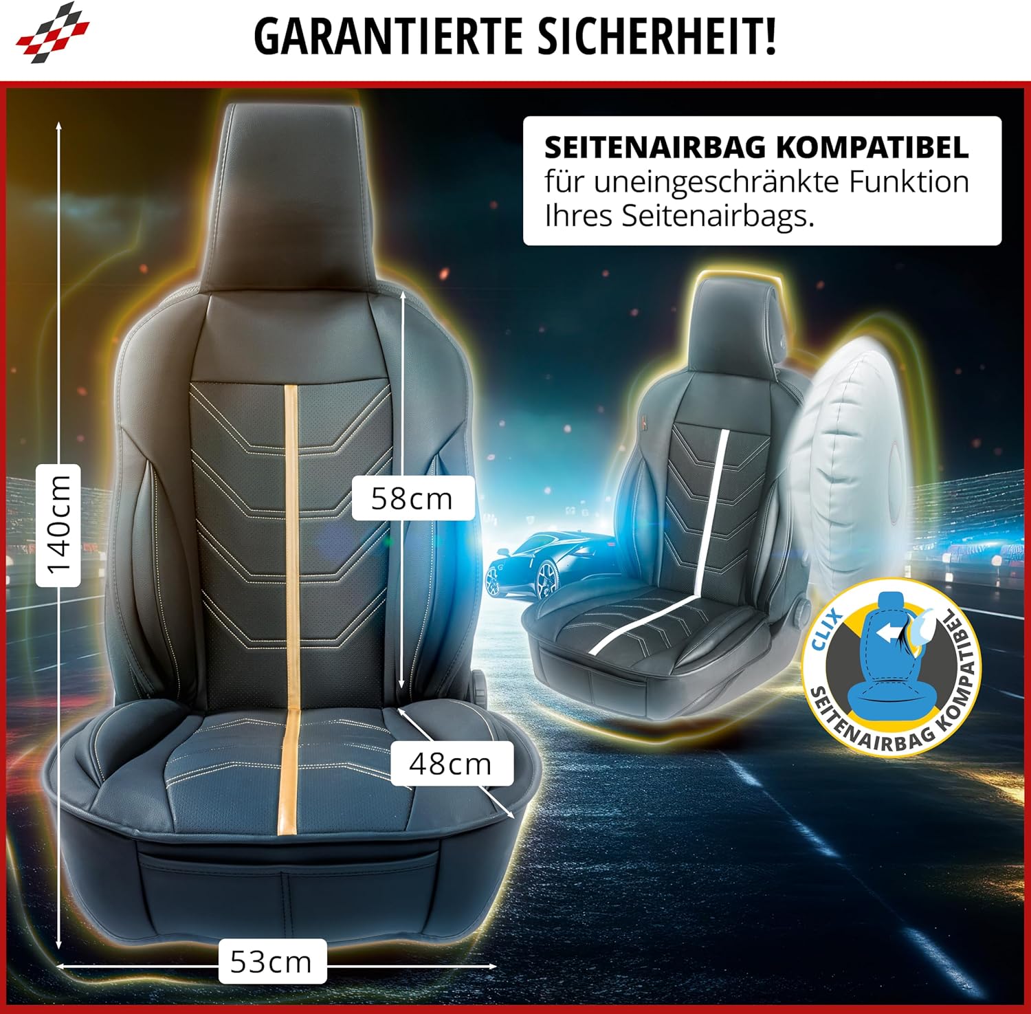 Detalle de Walser Premium Sitzauflage Auto Kimi – Sitzschoner Vordersitze schwarz/rot im Rennsport-Design