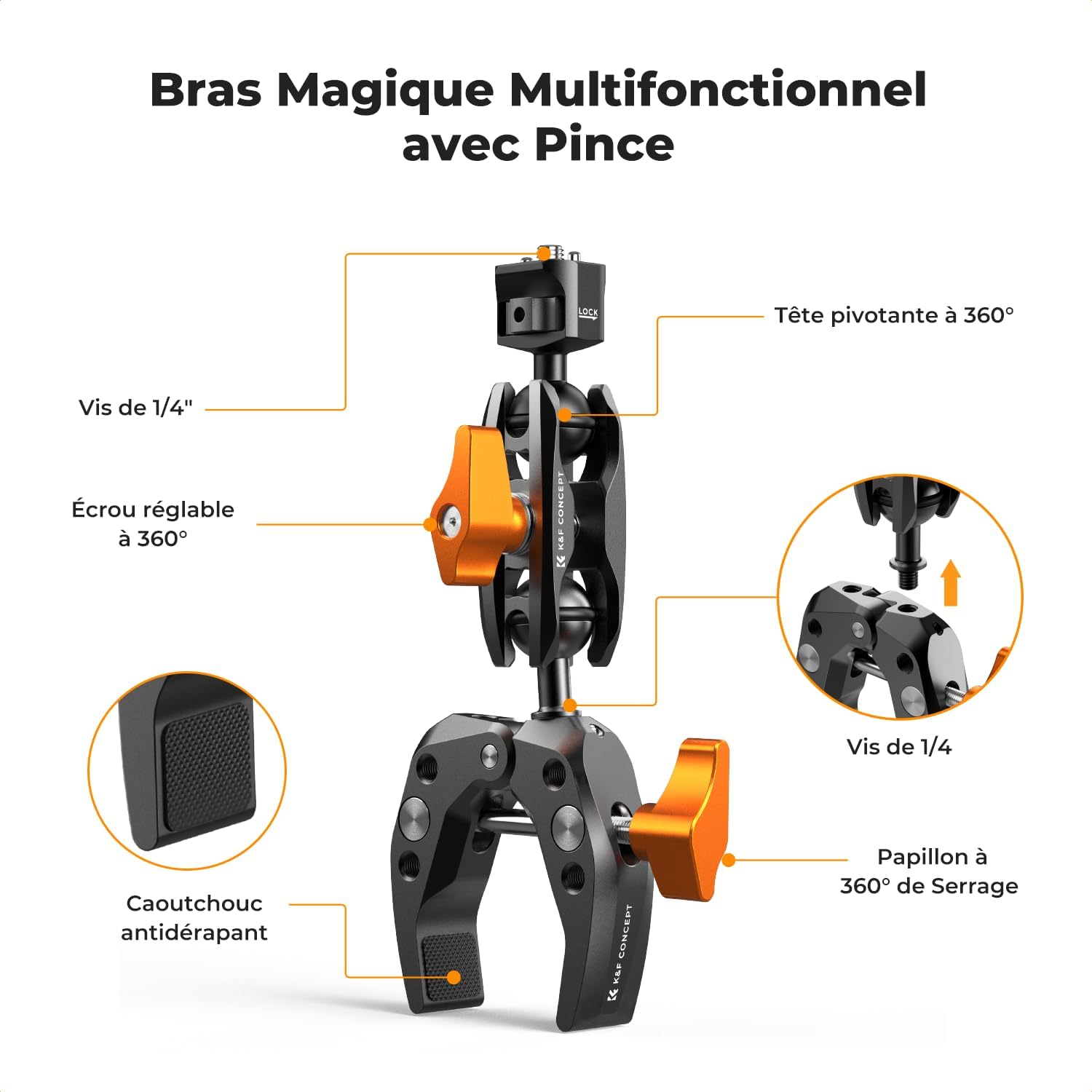 Detalle de K&F CONCEPT Bras Magique + Super Clamp à rotule 360° M13 (filetage 1/4" + adaptateur GoPro/clip téléphone)