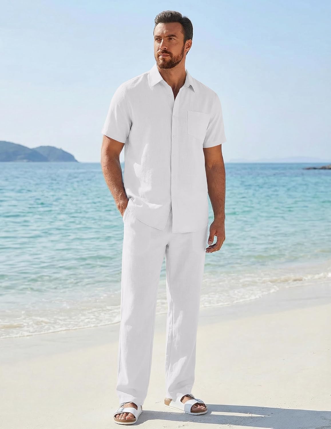 Detalle de COOFANDY Men's 2 Piece Cotton Beach Outfit: Short Sleeve Shirt + Loose Pants