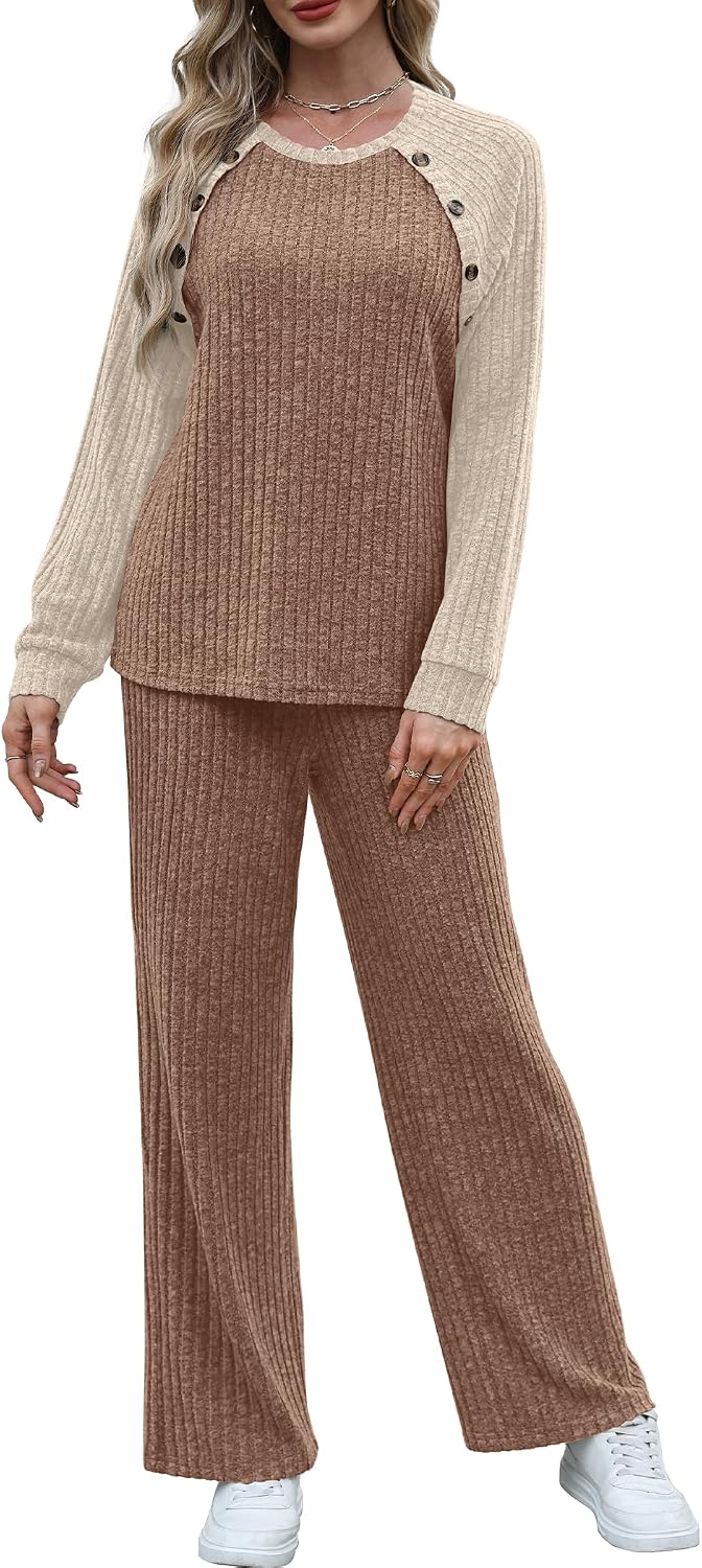 Detalle de WIHOLL Women's Ribbed Knit Lounge Set with Button-Shoulder Sweater