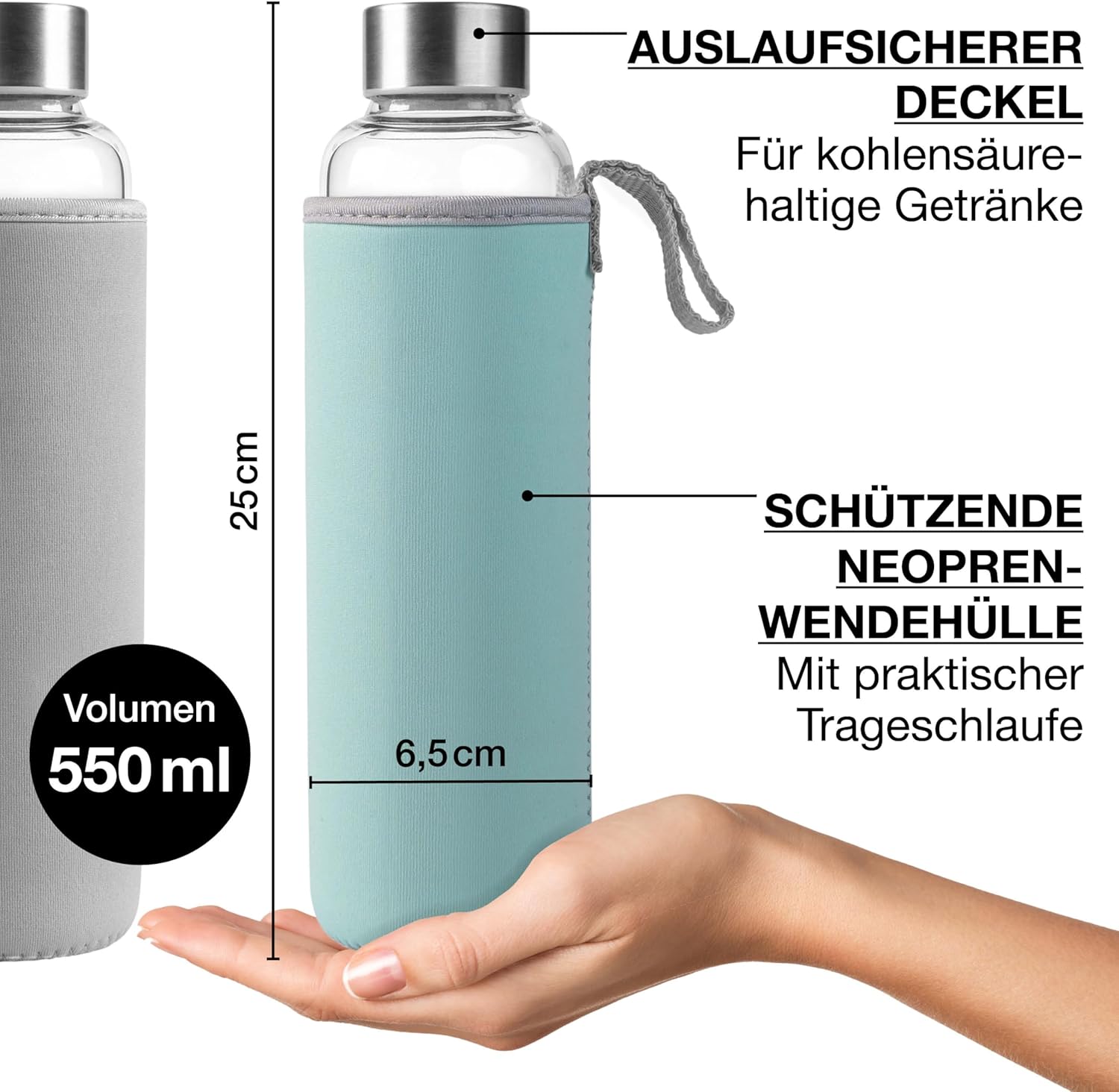 Thumbnail 4 de Moritz & Moritz Trinkflasche Glas 500ml – aus Borosilikatglas, auslaufsicher & mit Neoprenhülle