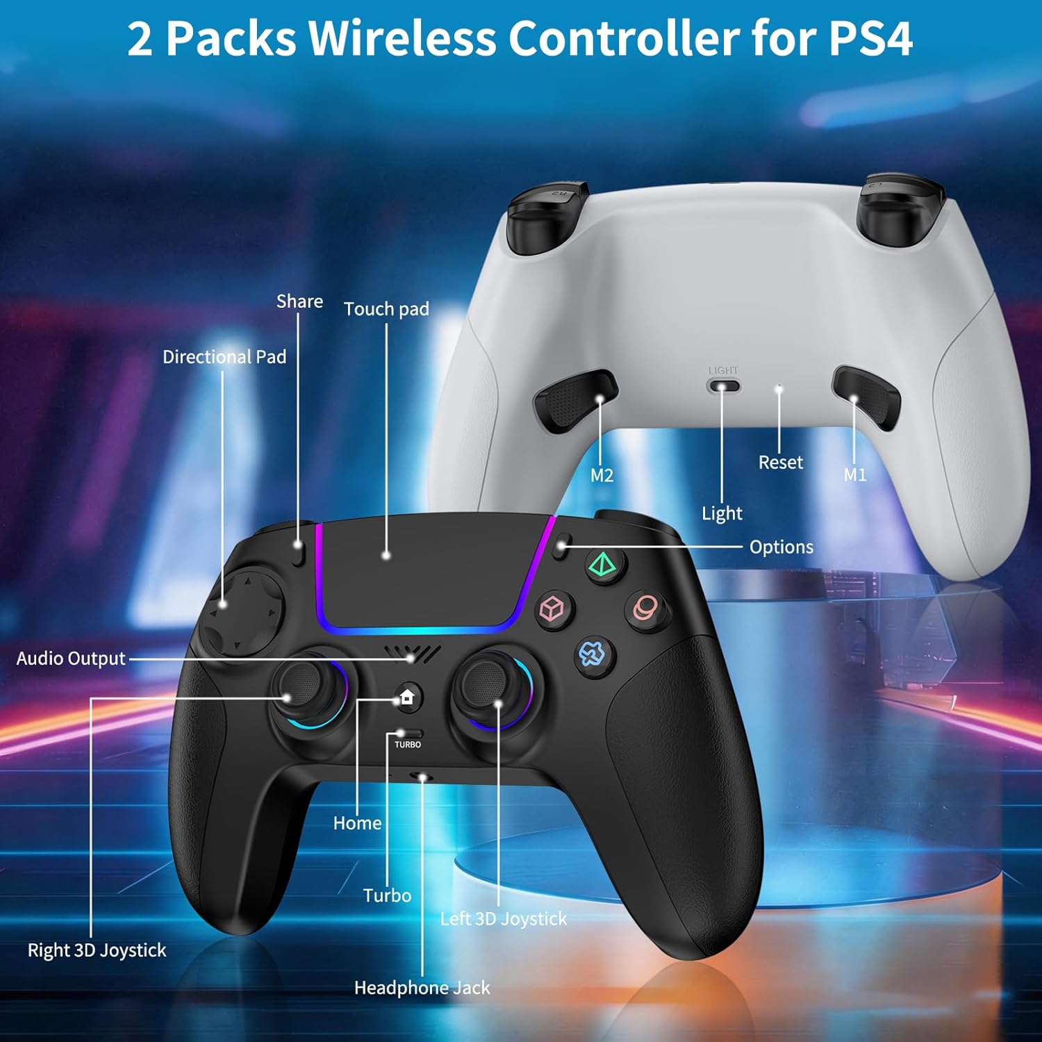Thumbnail 1 de JORREP 2 Pack Wireless Controller for PS4: Dual Set with RGB, Turbo, and Programmable Buttons