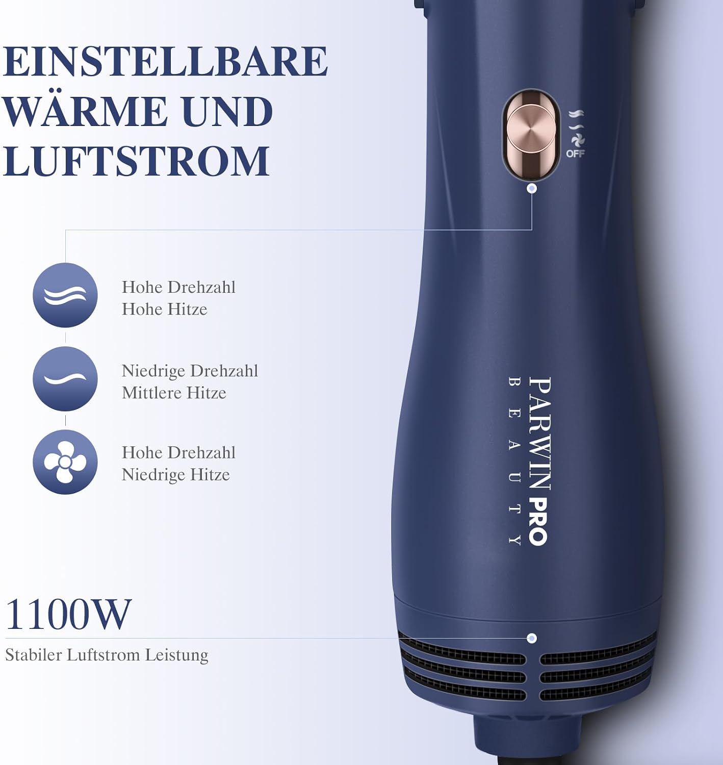 Detalle de PARWIN PRO BEAUTY 4 in 1 Warmluftbürste – 1100 W, Keramik & Ionenpflege, 3 Aufsätze, 3 Temperaturen