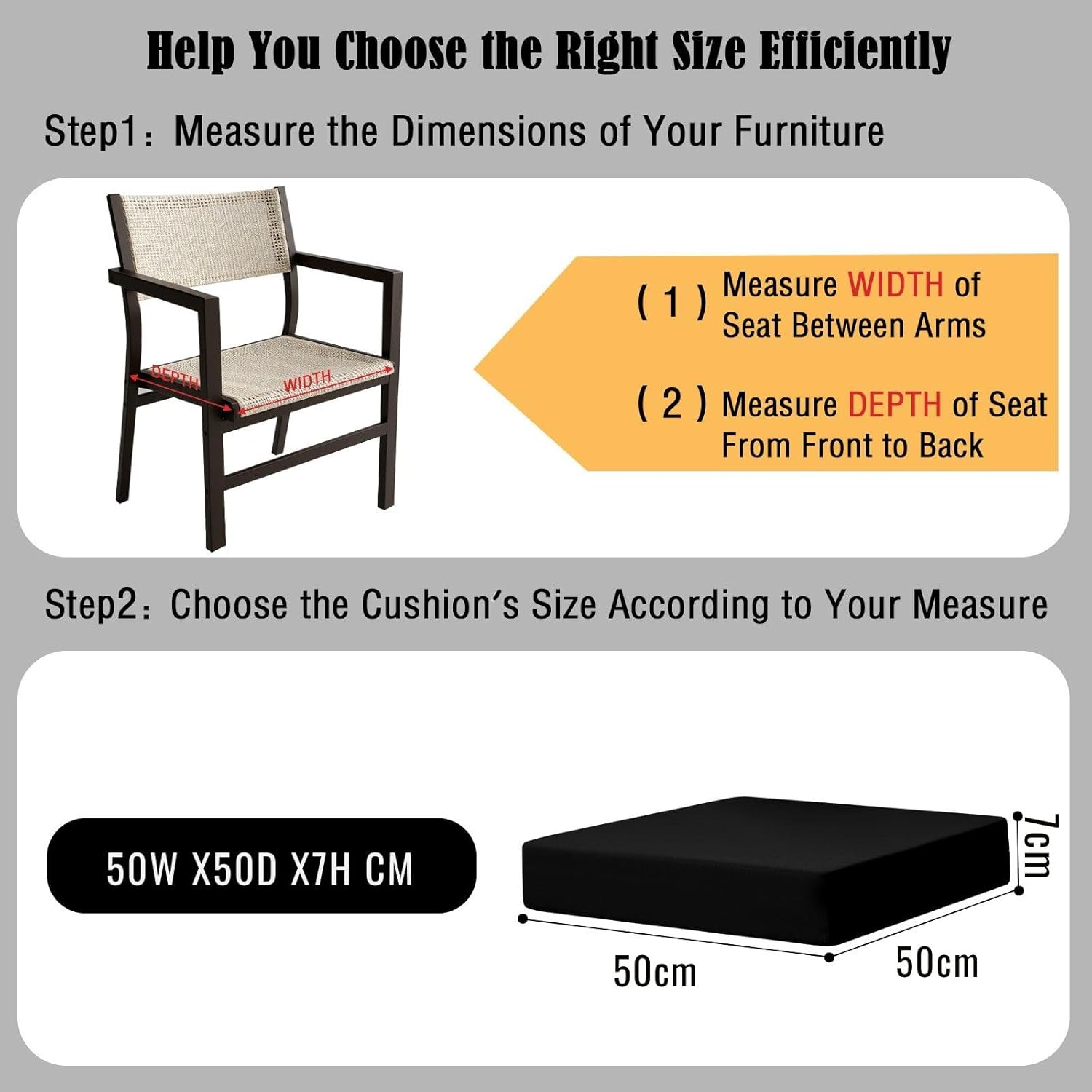 Thumbnail 2 de PRIMEPATIO Outdoor Chair Seat Cushions (Set of 2) – 7cm Thick, 50x50cm, Black