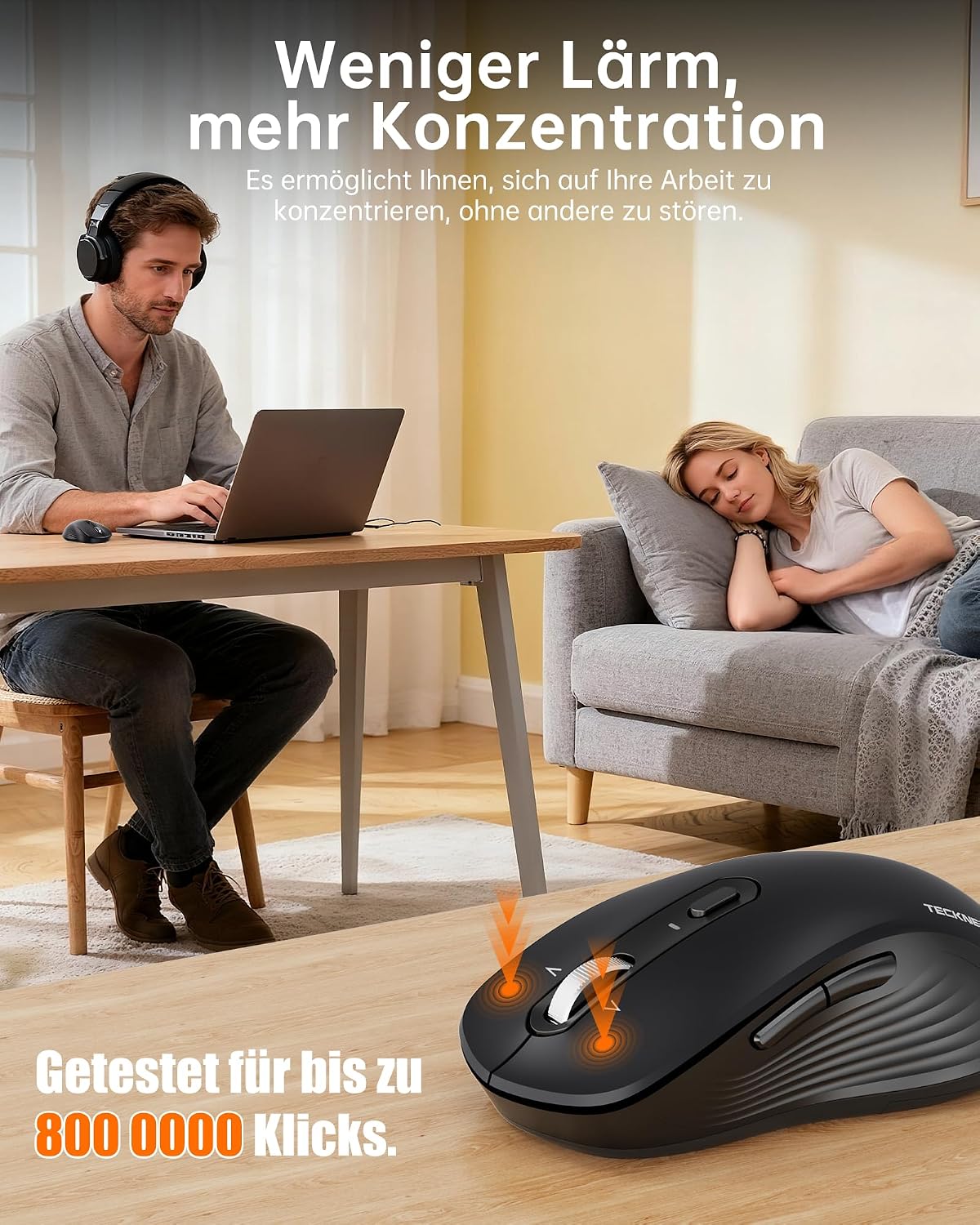 Detalle de TECKNET Bluetooth Maus – Kabellos, 4-Wege-Scrollrad, 4800 DPI, BT/2,4G, Ergonomisch, Schwarz