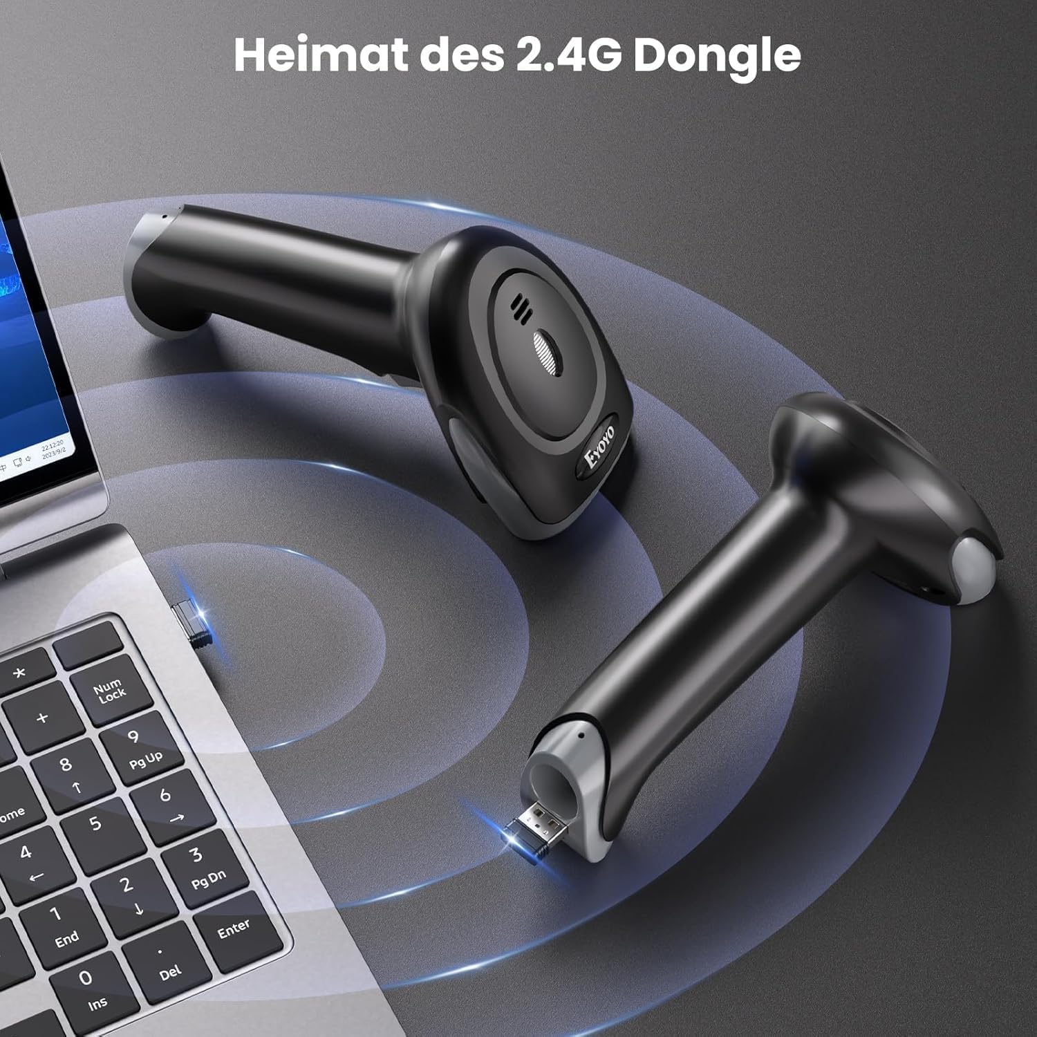 Detalle de Eyoyo EY-034: Lettore di codici a barre wireless 3-in-1 2D/1D con Bluetooth, 2.4G e USB