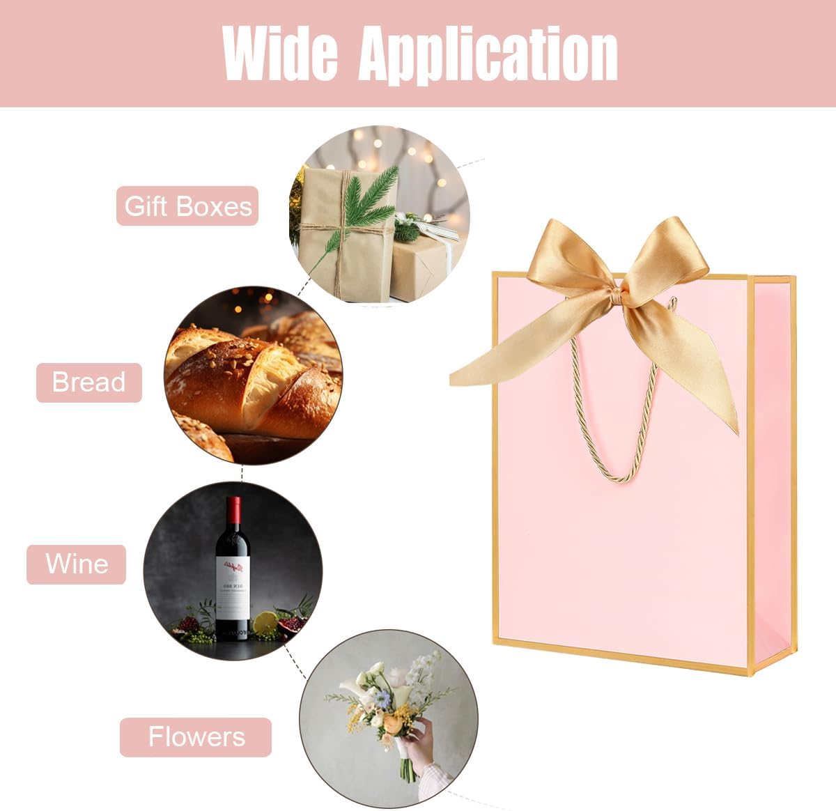 Detalle de ZJHiome Gift Bags for Presents (2-pack) – Medium Pink & Gold Paper Gift Bags with Bow, Tissue & Cards