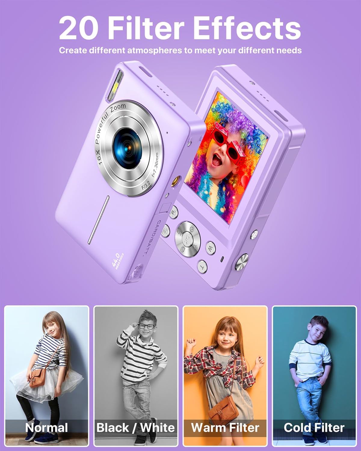 Thumbnail 4 de VAHOIALD Digital Camera 1080P (44MP) with 2.4" LCD, 16x Digital Zoom and Vlogging/Webcam Mode – Purple (No SD Card)