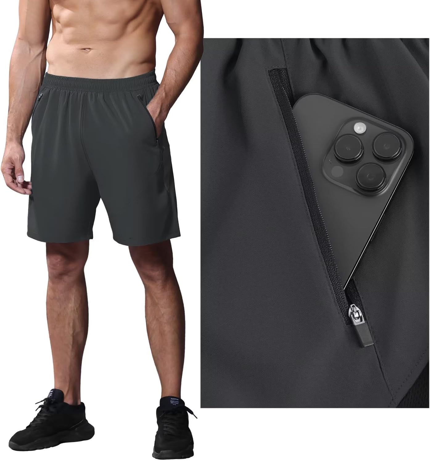 Thumbnail 1 de HMIYA Men's Sport Shorts: Quick-Dry Running Gym Shorts with Zip Pockets