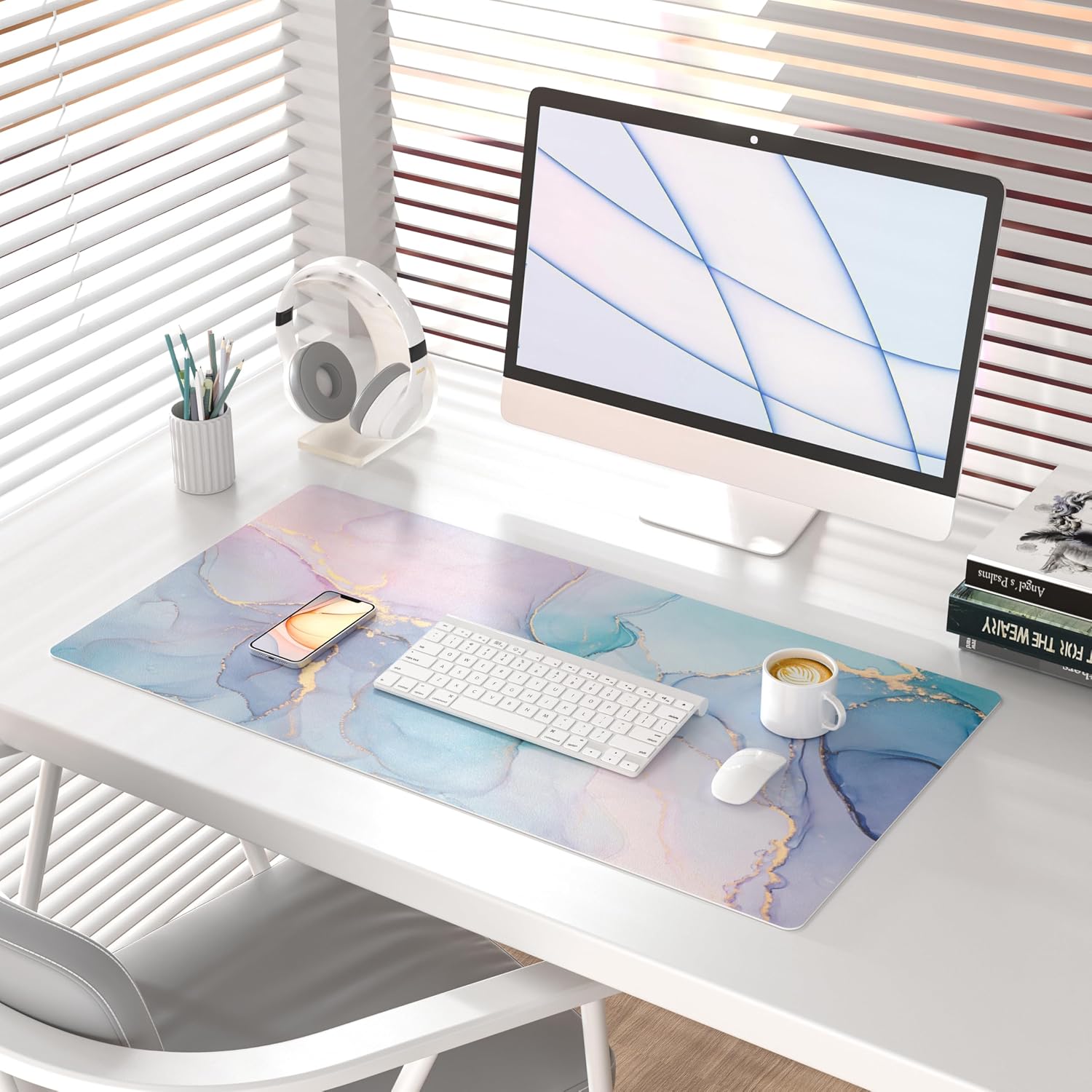 Detalle de QiyI DP-5422-PDP Large PU Leather Mouse Pad, 31.5 x 15.7 in, Blue Pink Fluid