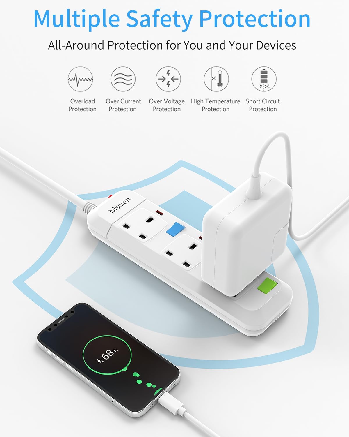 Detalle de Mscien 3 Way Surge-Protected Extension Lead 3m 🪫