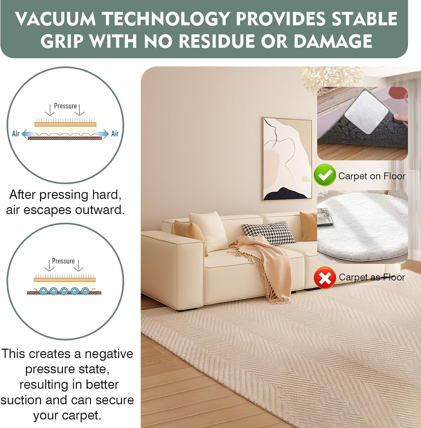Detalle de 6 Pcs Non Slip Rug Grippers for Laminate Floors – Vacuum Tech, 100×100 mm