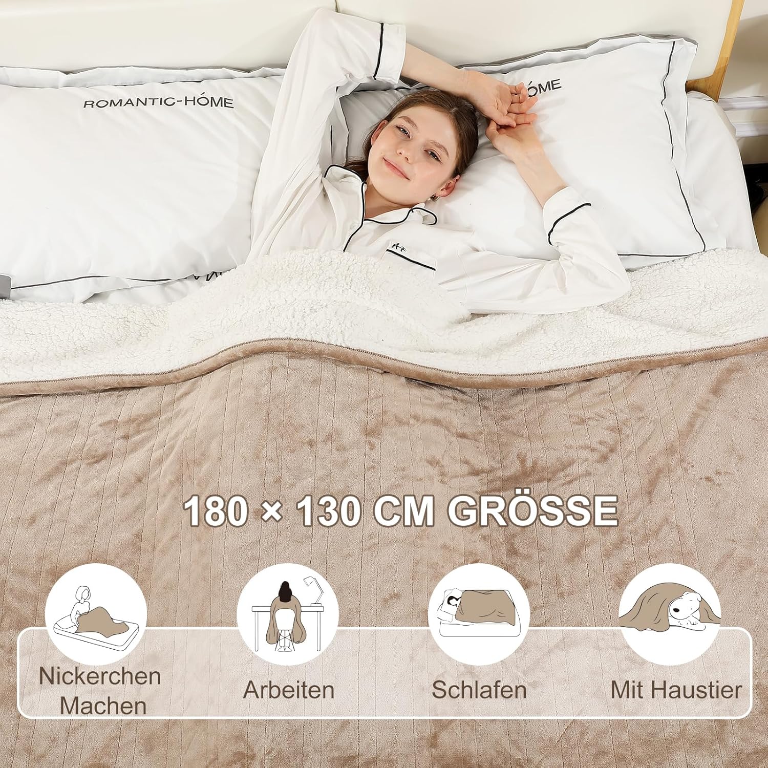 Thumbnail 2 de COZYTY Couverture Chauffante Électrique 130×180 cm en Flanelle Beige — 6 niveaux, minuterie 10 h et Lavable en machine