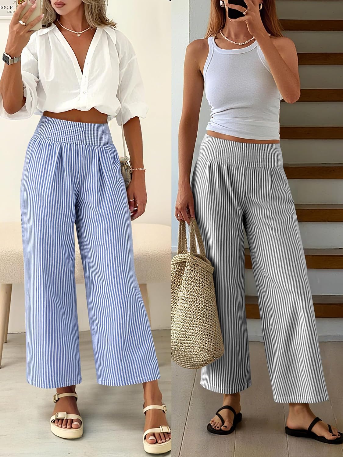 Detalle de ANRABESS Striped Gingham Palazzo Pants — High-Waisted, Cropped Wide-Leg Lounge Bottoms