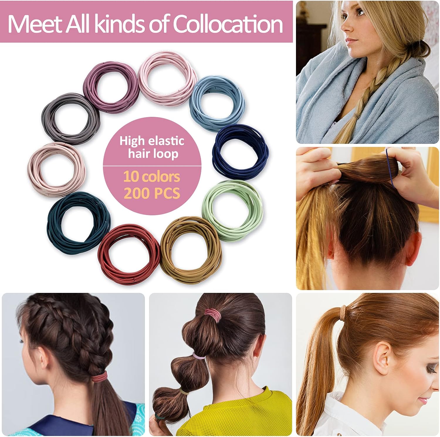 Detalle 2 de Hanyousheng – 200 bandes élastiques multicolores pour cheveux (sans métal), diamètre 4,5 cm