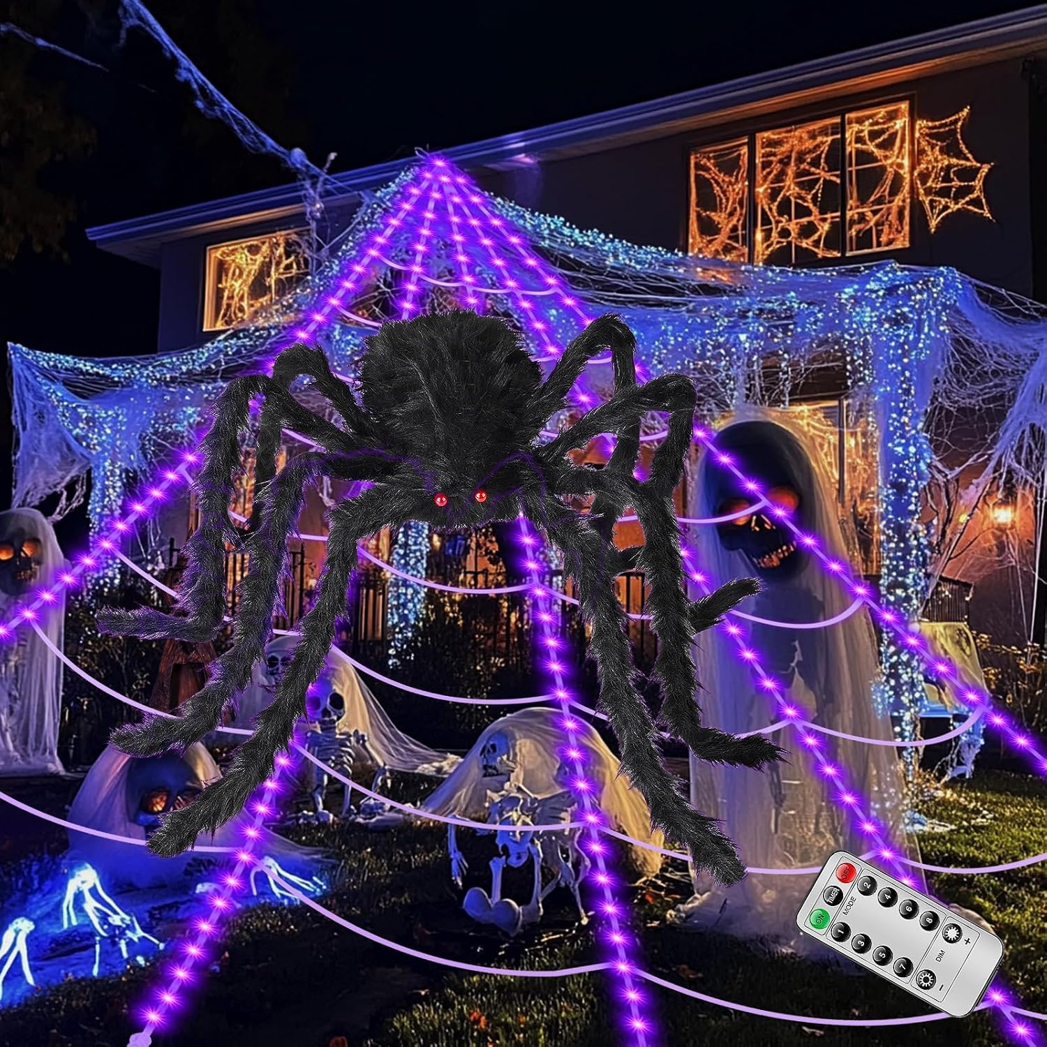 Detalle de ECOHDT spider web-purple Halloween Spider Web Lights, 250 Purple LEDs, Remote