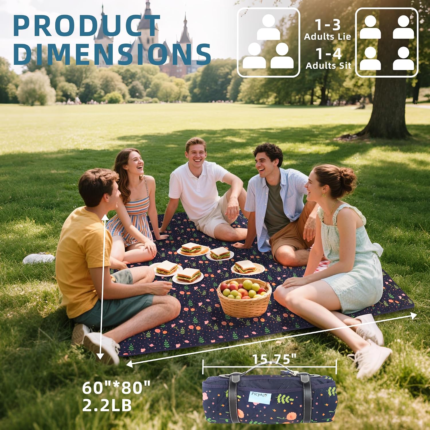 Thumbnail 1 de PICYALO Waterproof Picnic Blanket, Navy Blue Floral, Foldable with Leather Strap