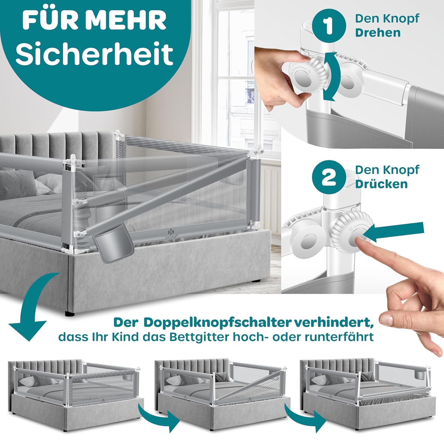 Thumbnail 2 de KESSER Bettschutzgitter 150 cm – klapp- & höhenverstellbar, Rausfallschutz und Laufstall-Funktion