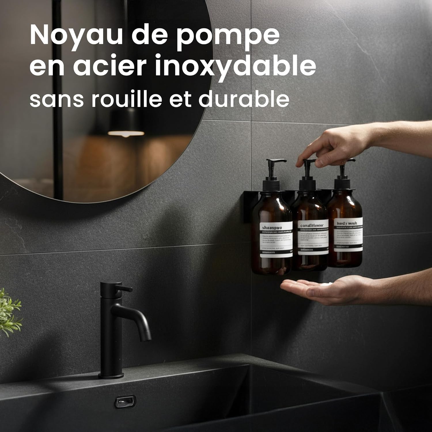 Thumbnail 6 de MaisoNovo Distributeur Savon Murale sans Percage – Lot de 3 × 500 ml Ambre Classique