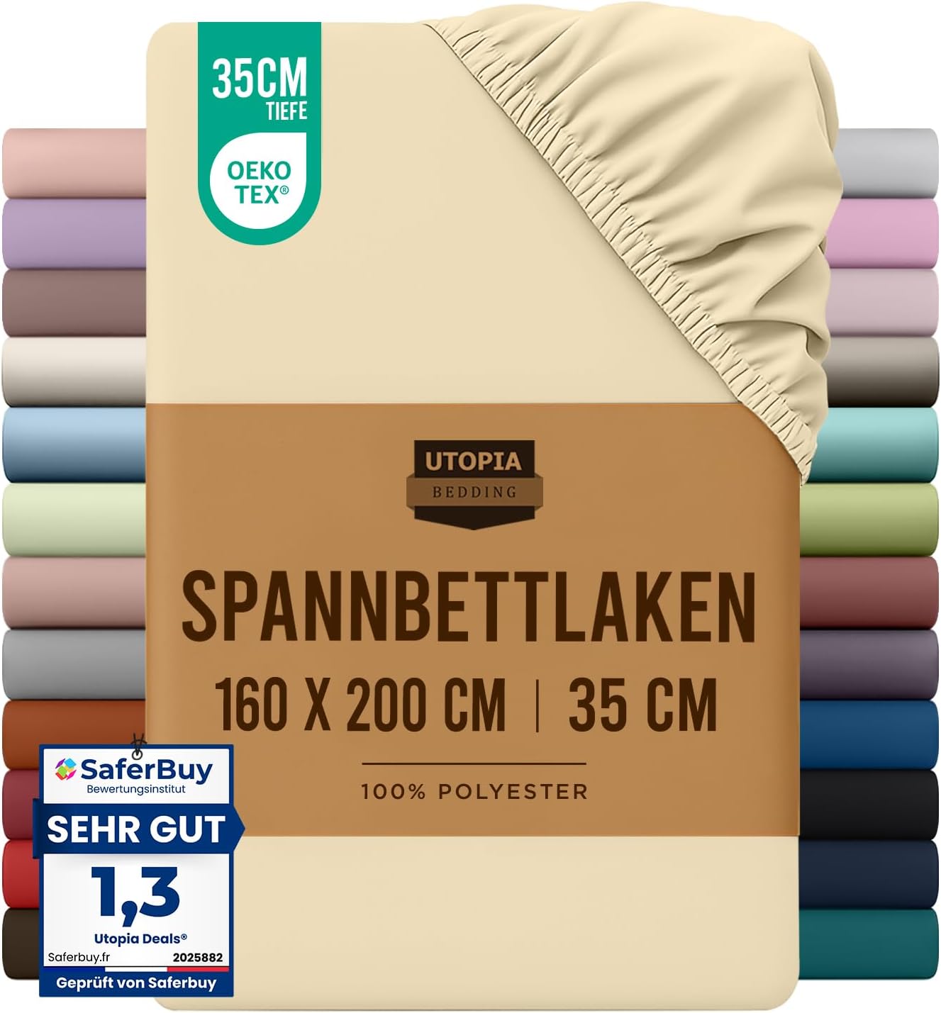 Detalle de Utopia Bedding Spannbettlaken 160x200 cm (beige) mit 35 cm Taschen-Tiefe aus gebürsteter Polyester-Mikrofaser