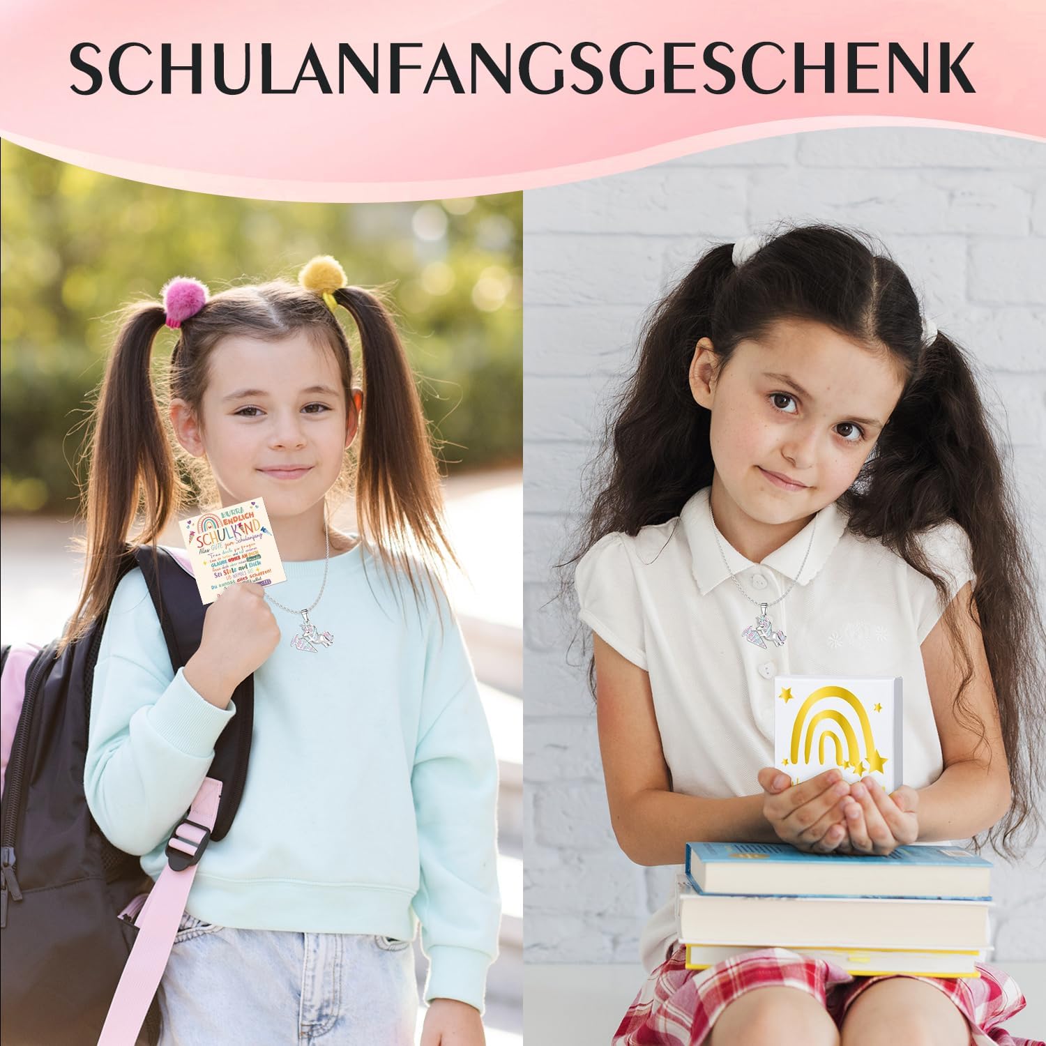 Detalle de iZoeL Einschulung Geschenk Mädchen Einhorn Halskette – Grußkarte, Geschenkbox & Schulanfang