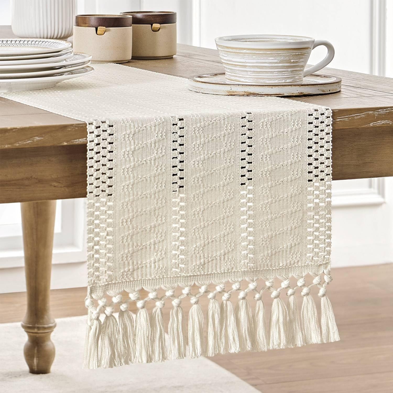 Detalle de FOLAI 4 Stück Boho Tischläufer aus Käsetuch – 90x300 cm, Cremefarben, wiederverwendbar