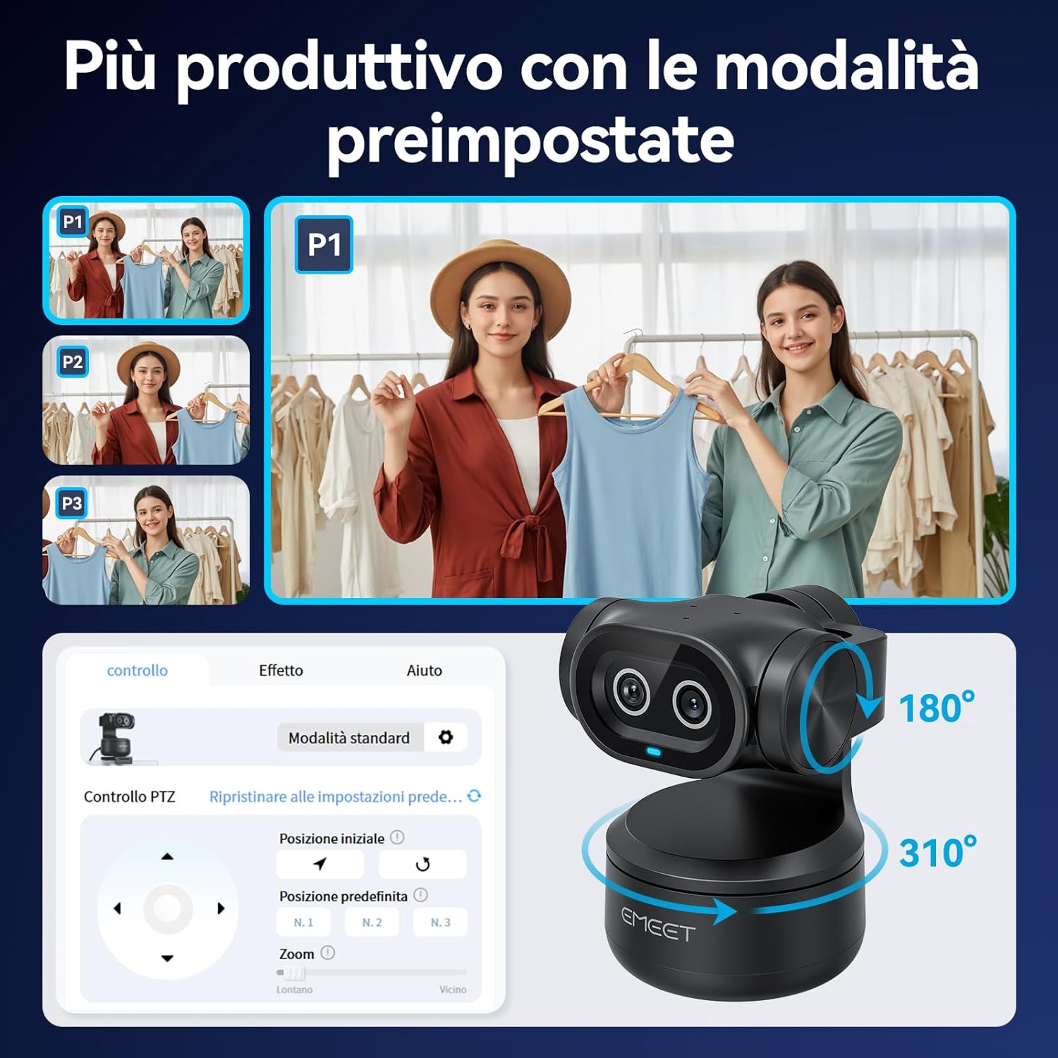 Thumbnail 4 de EMEET PIXY: Telecamera PTZ 4K a Doppia telecamera con IA per streaming e conferenze