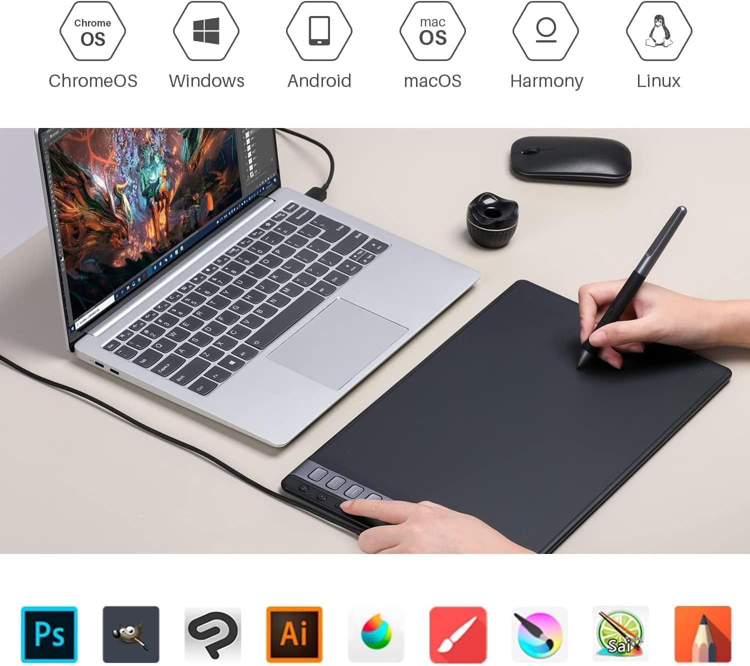 Detalle de HUION Inspiroy 2 L Grafiktablett (tragbar) mit 8192 Stufen und batterielosem Digitalstift
