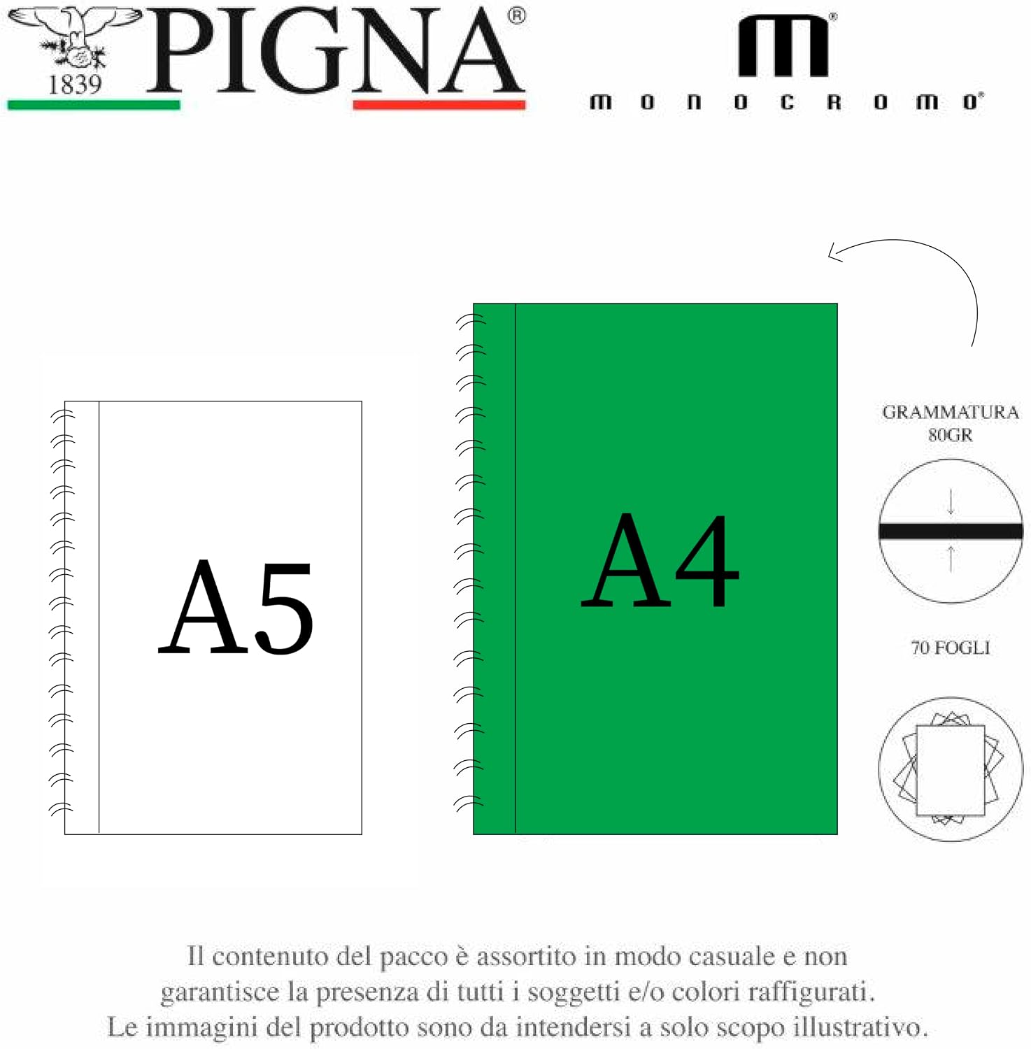 Thumbnail 1 de Pigna Confezione 5 Maxi Quaderni Spiralati A4 MONOCROMO – 5M quadretti 5mm, no fori, microperforazione