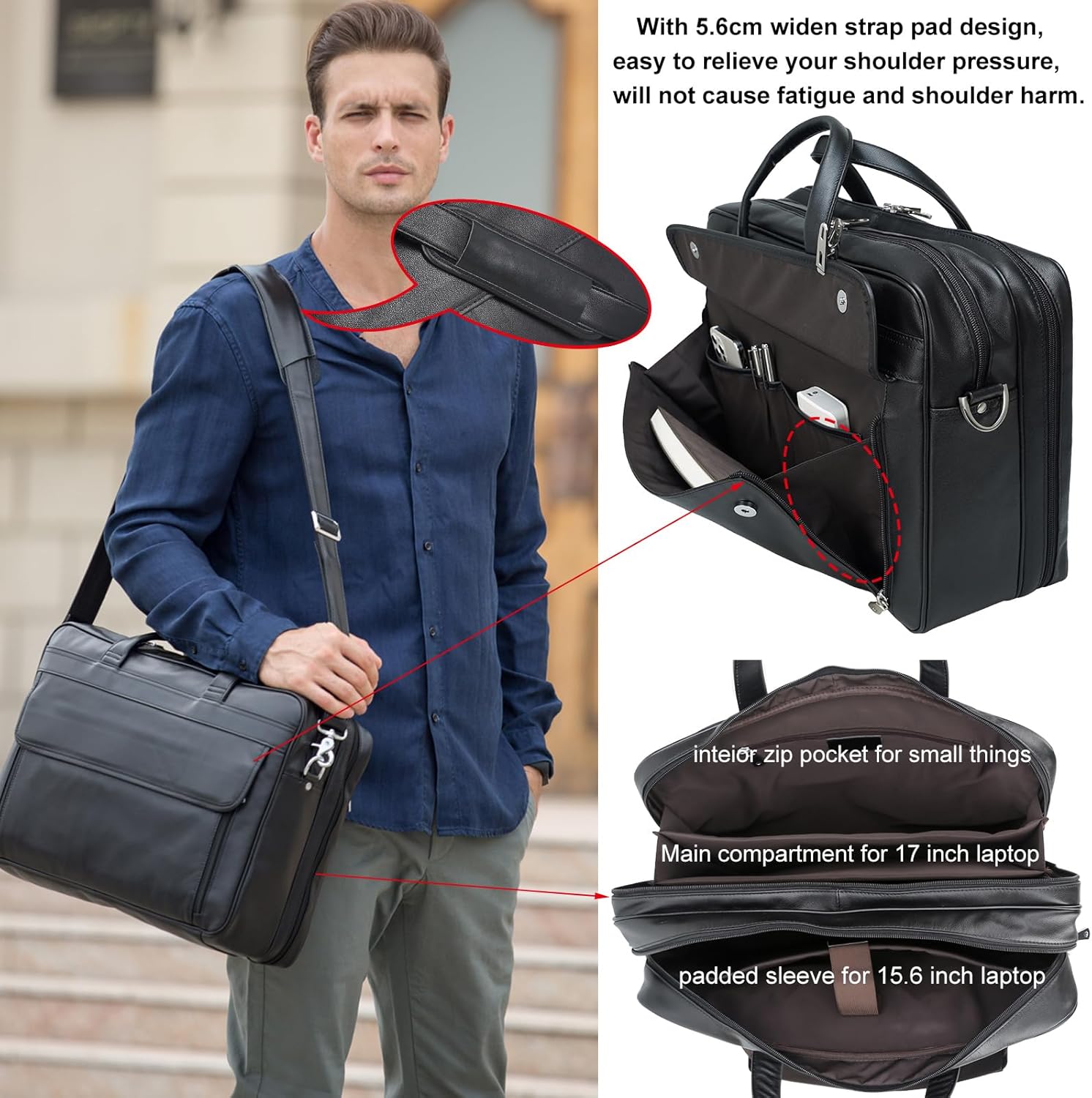 Thumbnail 5 de TIDING Men's Leather Briefcase 15.6‑17.3 Inch Laptop Bag – Black