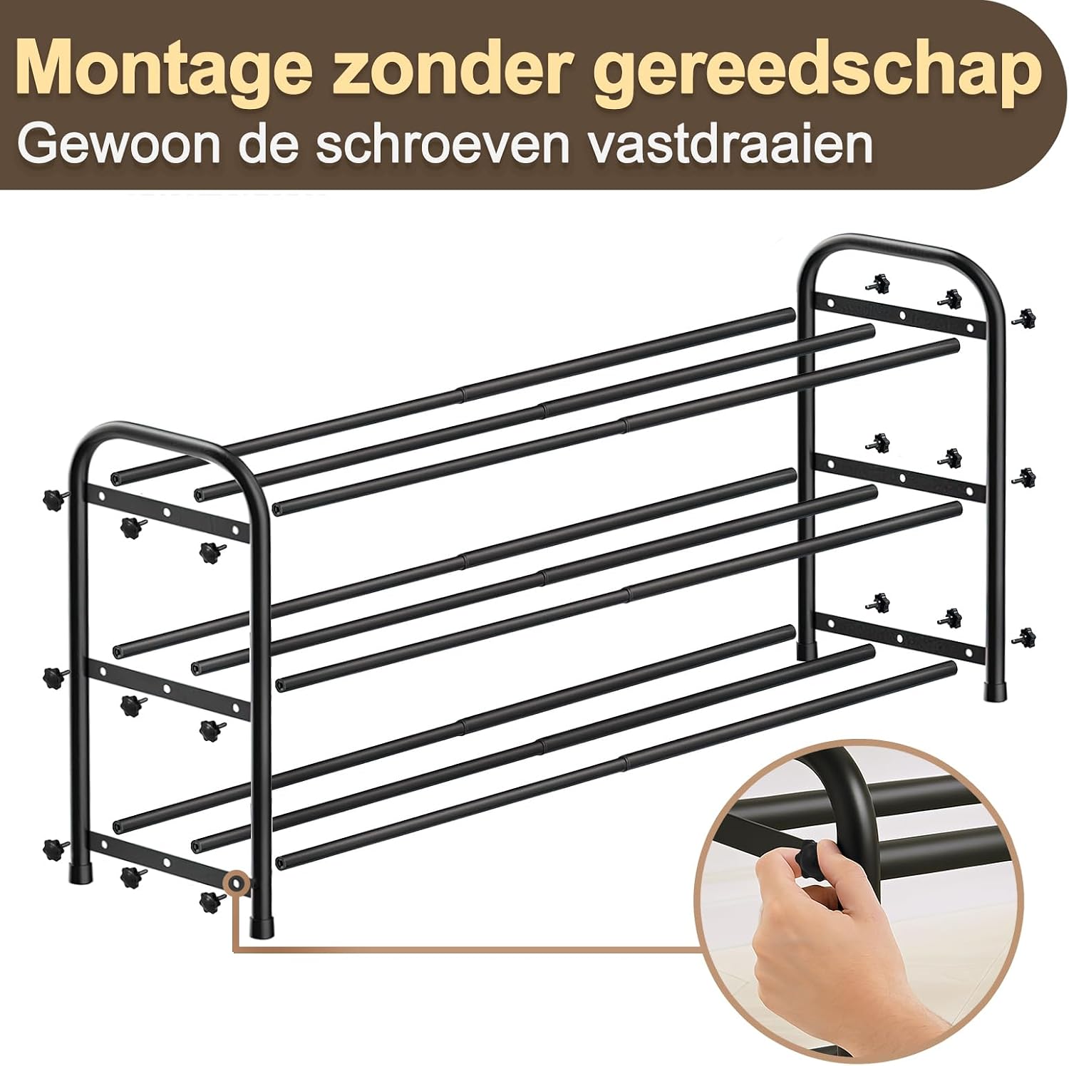 Thumbnail 6 de MIKVOYO uitschuifbaar schoenenrek, 3 niveaus, zwart metaal, 45–80 cm