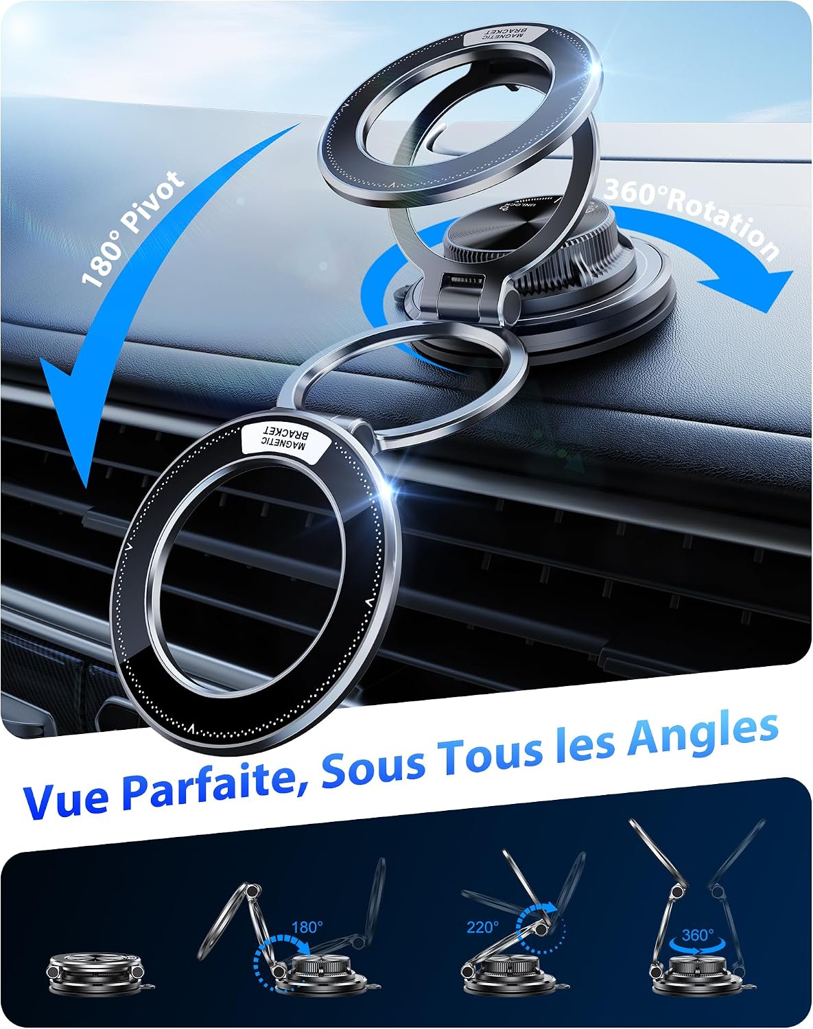 Thumbnail 6 de Glangeh Tout Métal support téléphone voiture magnétique pour MagSafe (aimant 2400GF + ventouse gel)