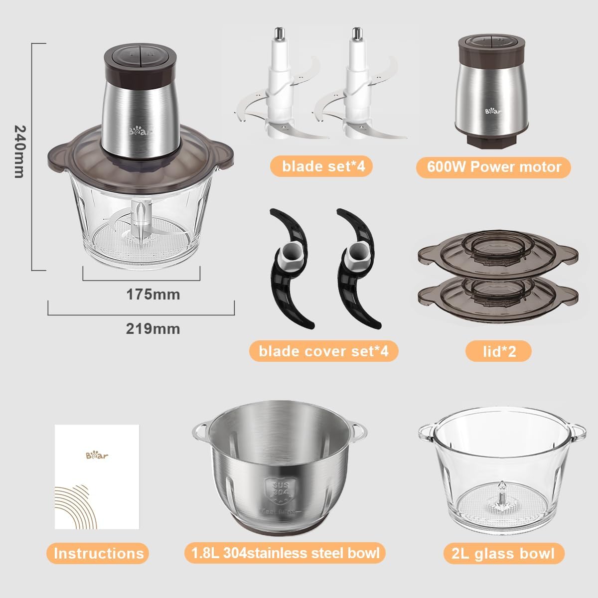 Thumbnail 6 de Bear 600W Food Processor 2L+1.8L