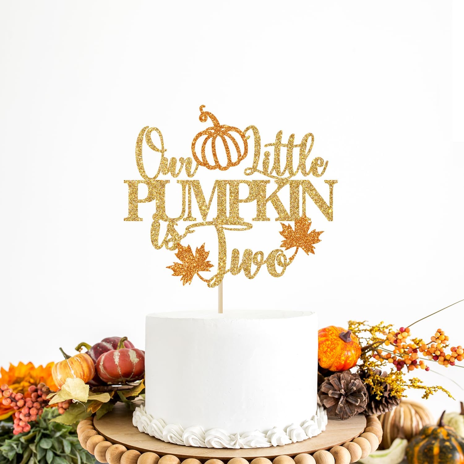 Detalle de Yotawebery Our Little Pumpkin Is Two Cake Topper, Gold Glitter, 18 x 12cm